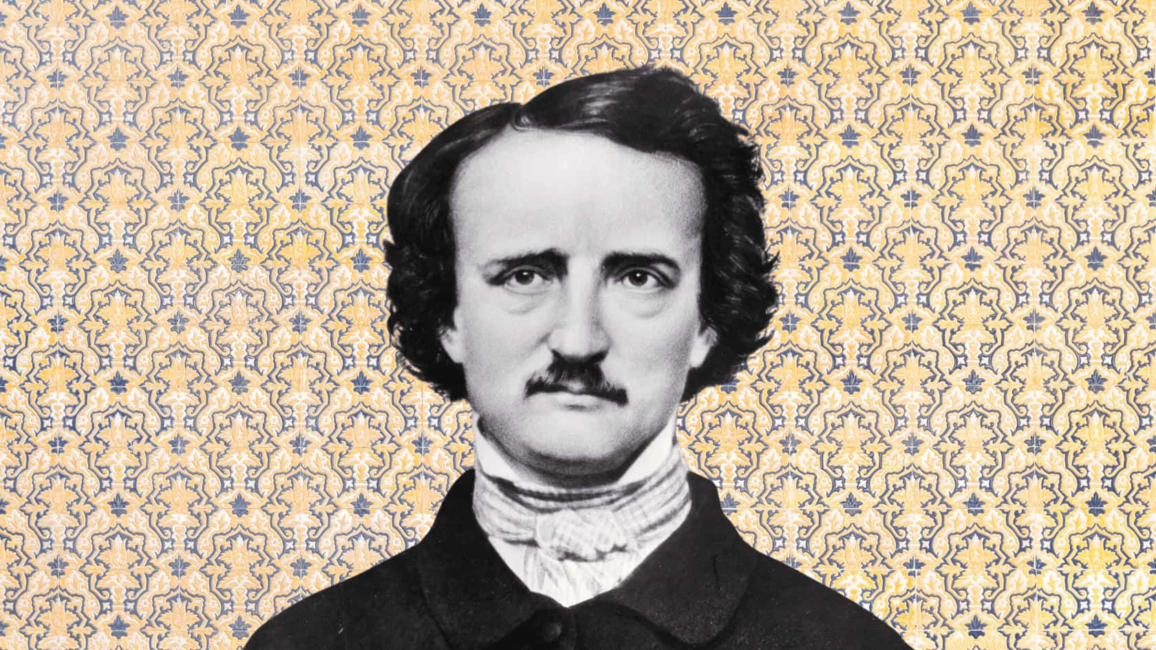 Edgar Allan Poe, vintage portrait, repeating ornate yellow and blue wallpaper pattern, HD Desktop Wallpaper