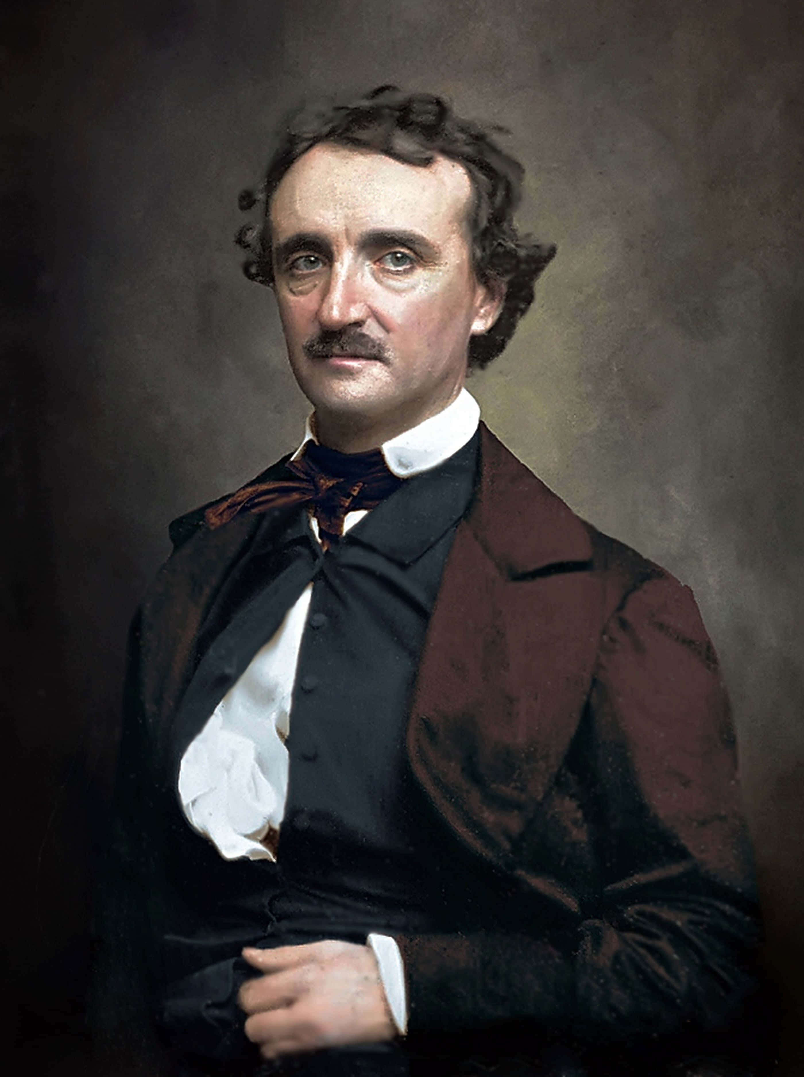 Edgar Allan Poe, dark suit, patterned bow tie, 2K Phone Wallpaper