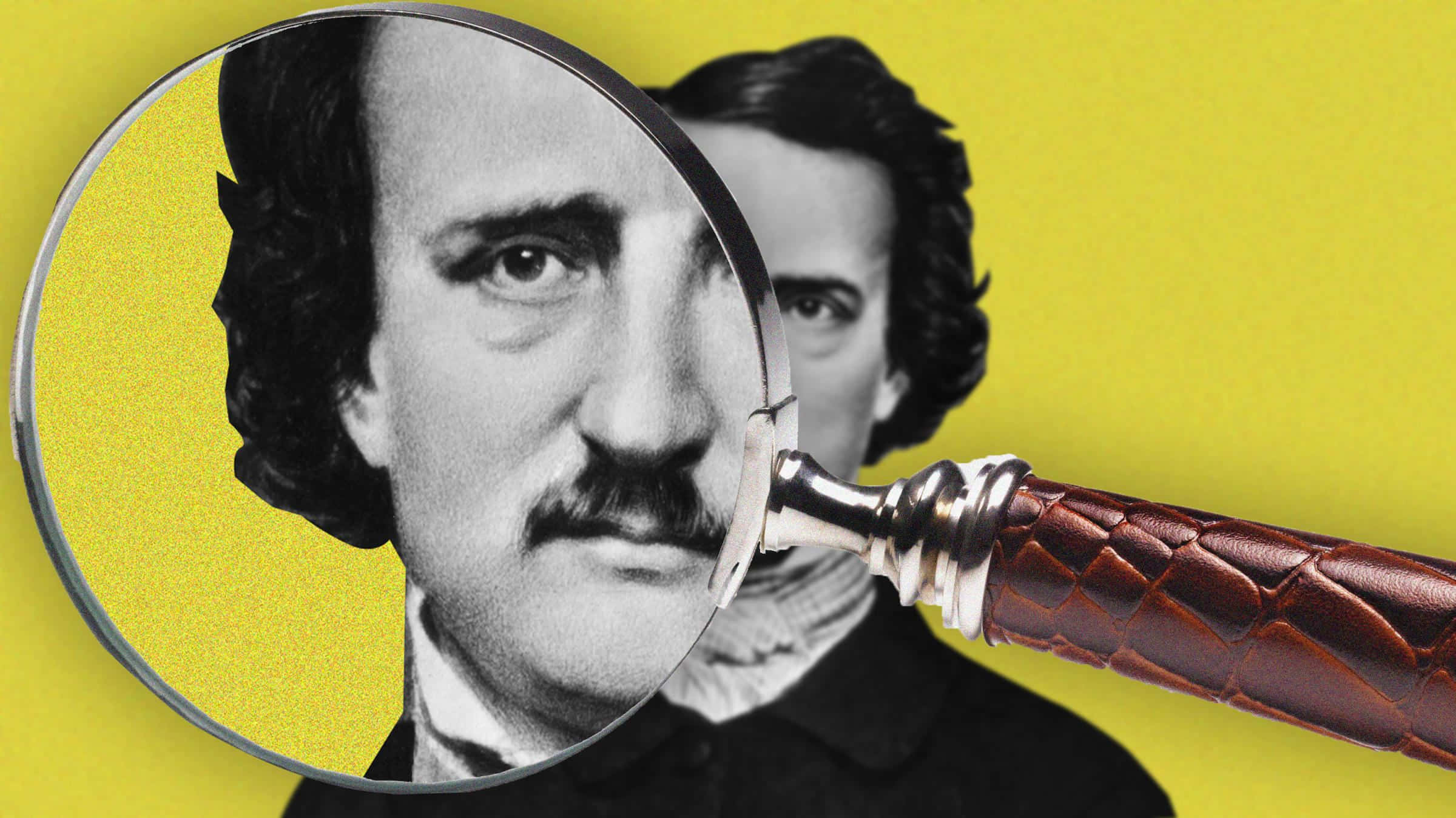 Edgar Allan Poe, magnifying glass, vibrant yellow background, Full HD Desktop Wallpaper