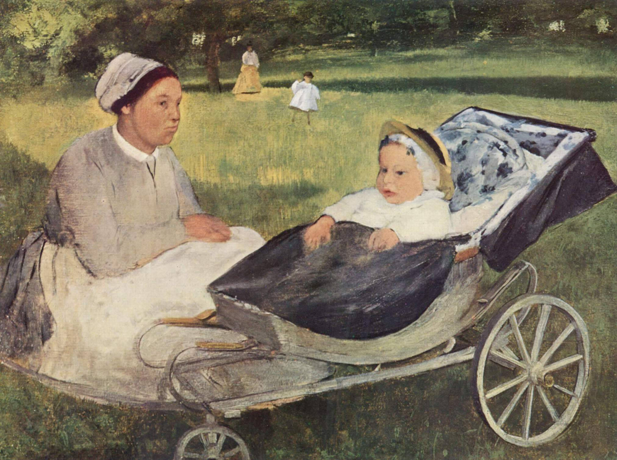 Edgar Degas, white bonnet, baby carriage, Full HD Desktop Wallpaper