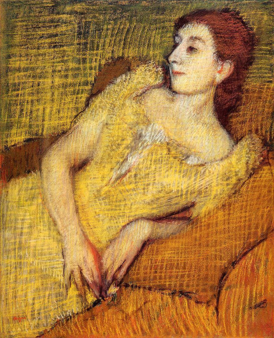 Edgar Degas, woman, yellow dress, SD Phone Wallpaper