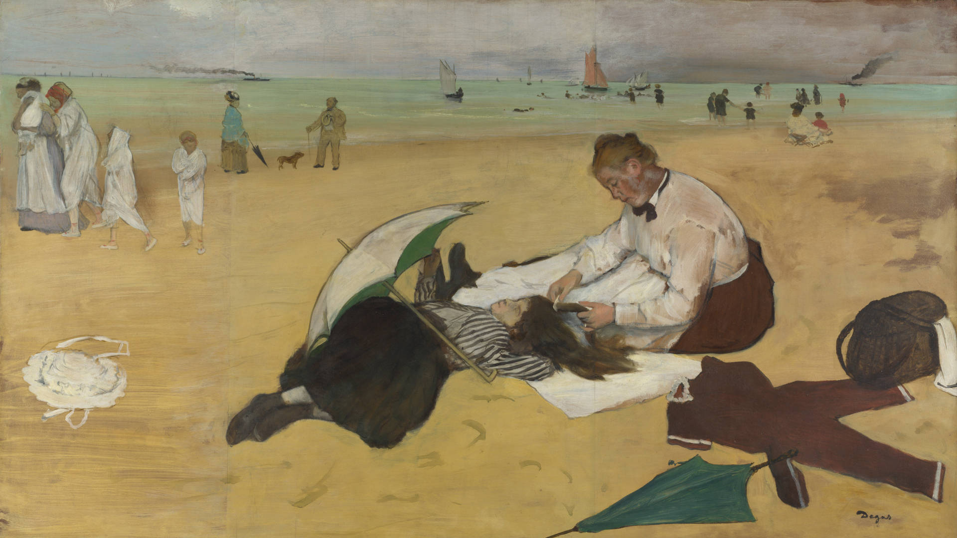 Edgar Degas, beach scene, green parasol, Full HD Desktop Wallpaper