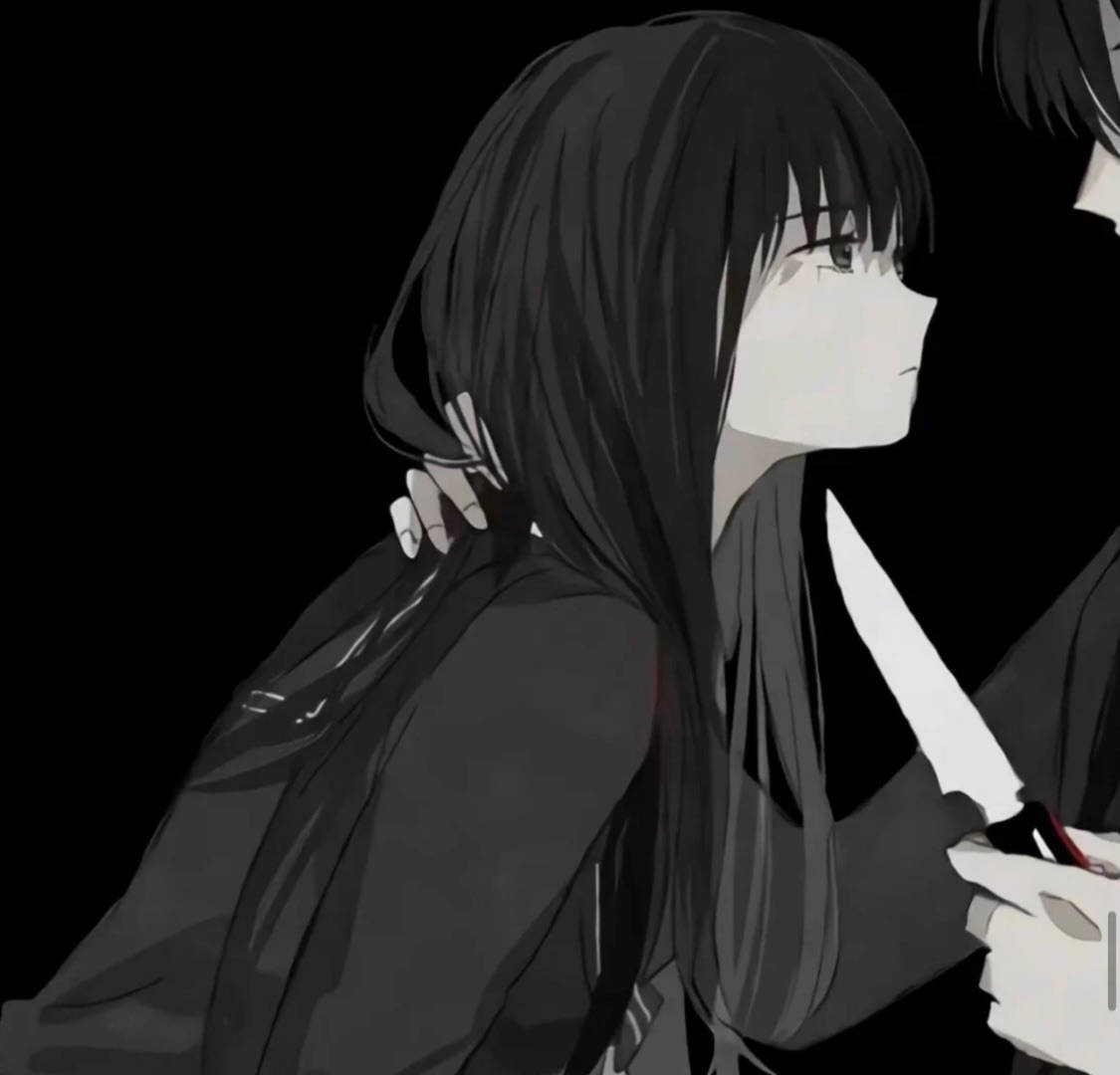 monochrome anime girl, long dark hair, knife, SD Desktop Wallpaper