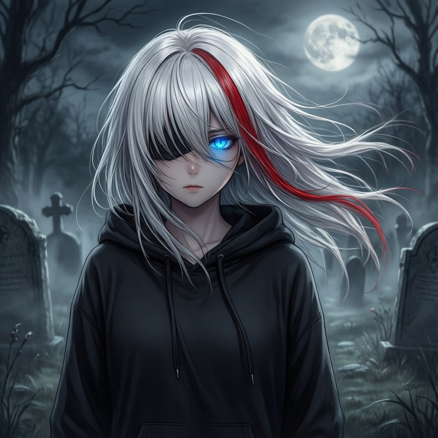 Ghost in the Night, silver-haired anime girl, glowing blue eye, HD Desktop Wallpaper
