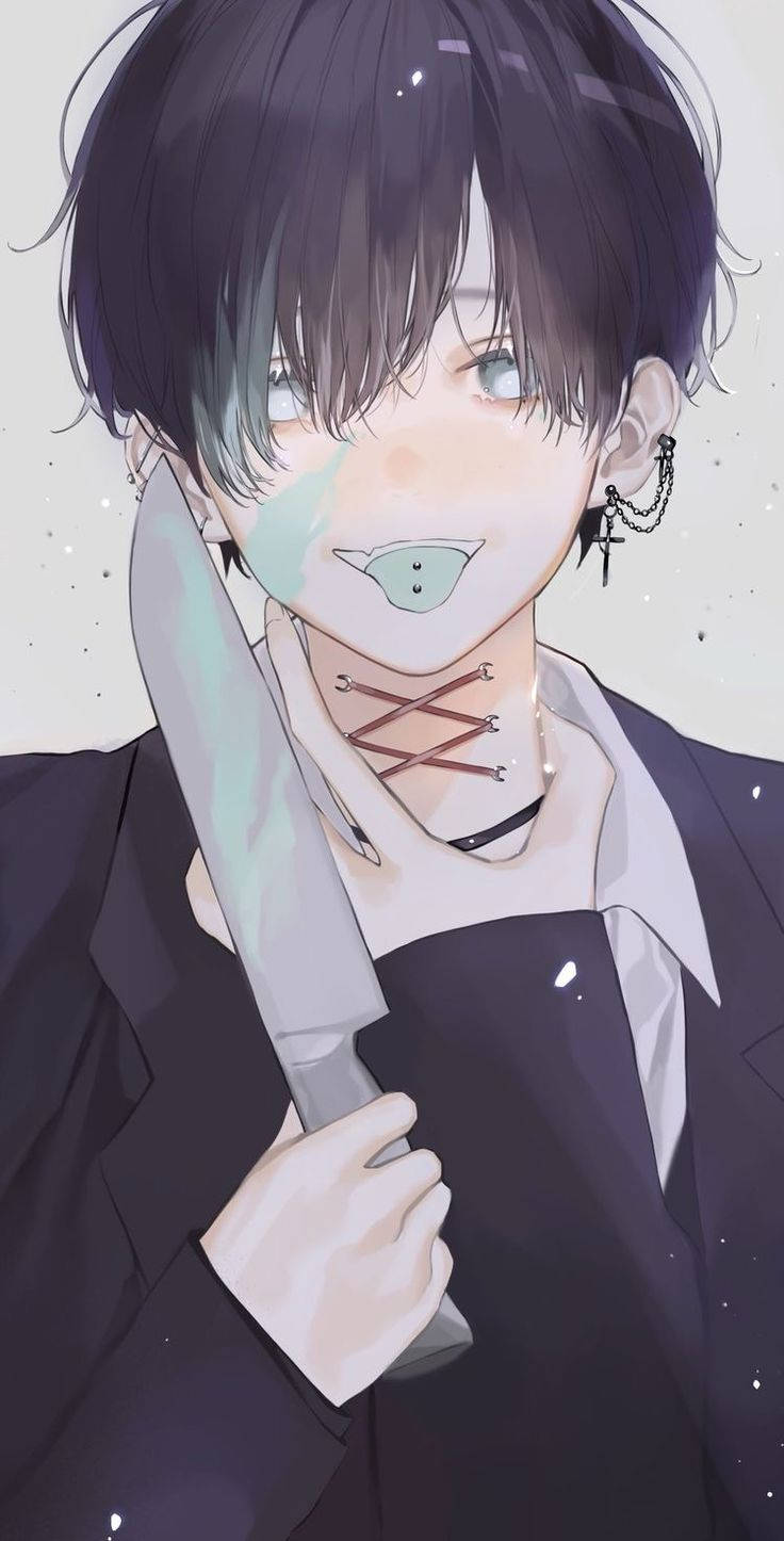 boy with knife, dark-haired anime boy, knife to his cheek, HD Phone Wallpaper