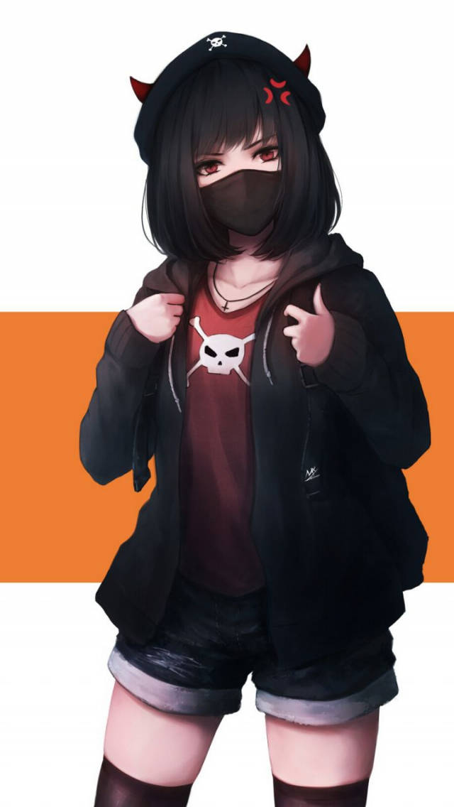 Edgy Anime Girl, black hair, red eyes, SD Phone Wallpaper