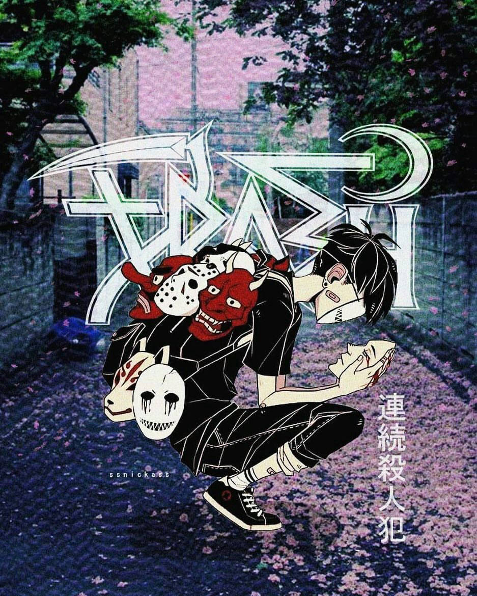 edgy anime boy, masks, cherry blossom alley, SD Phone Wallpaper
