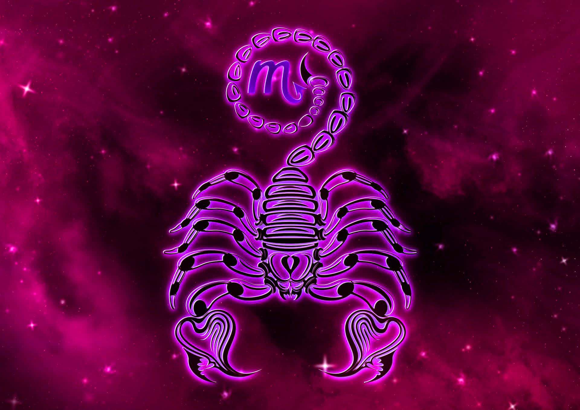 Scorpio zodiac sign, glowing purple scorpion zodiac symbol, crescent moon, Full HD Desktop Wallpaper