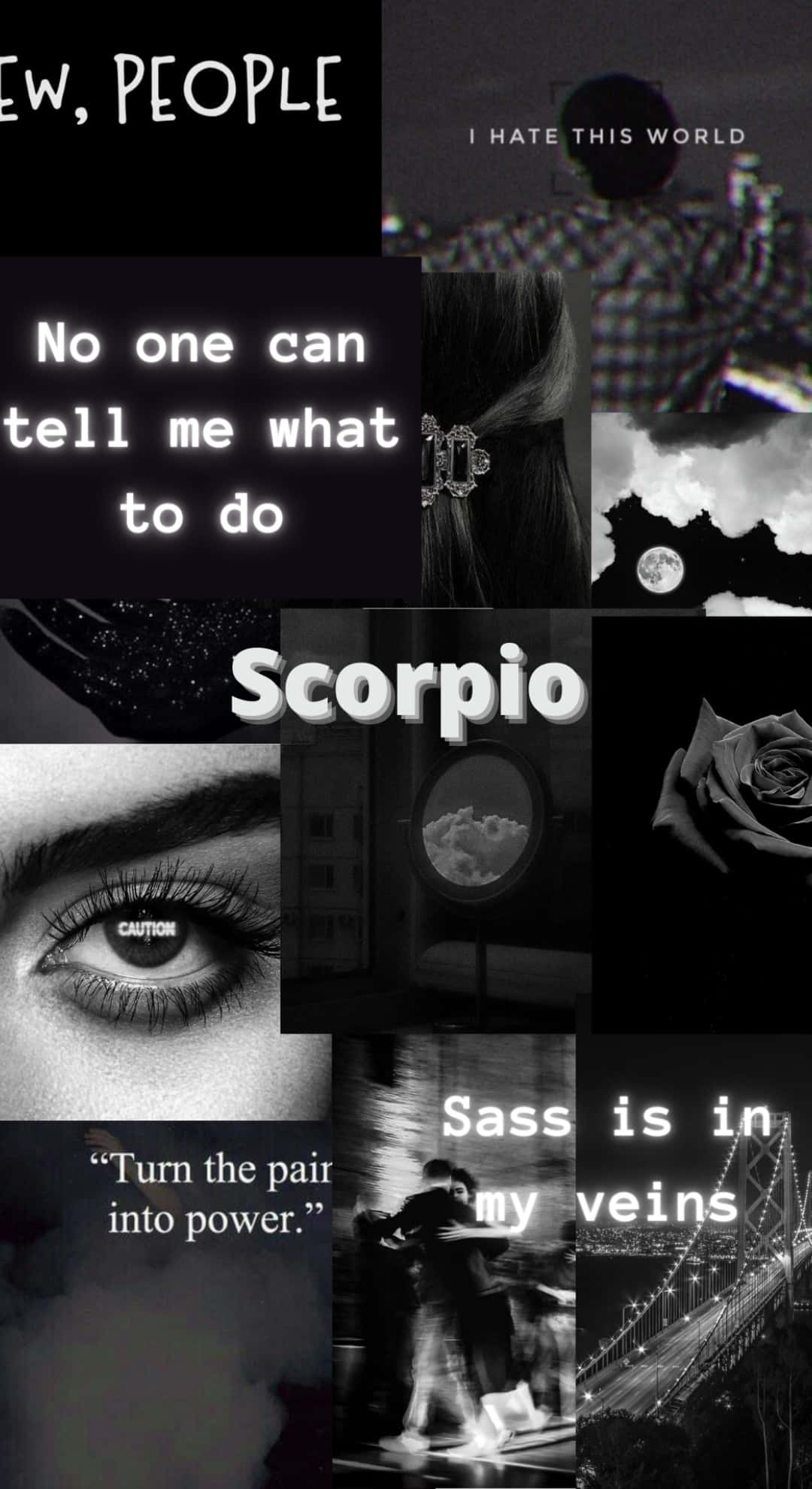 Edgy Scorpio Dark Aesthetic, black and white collage, text quotes, Full HD Phone Wallpaper