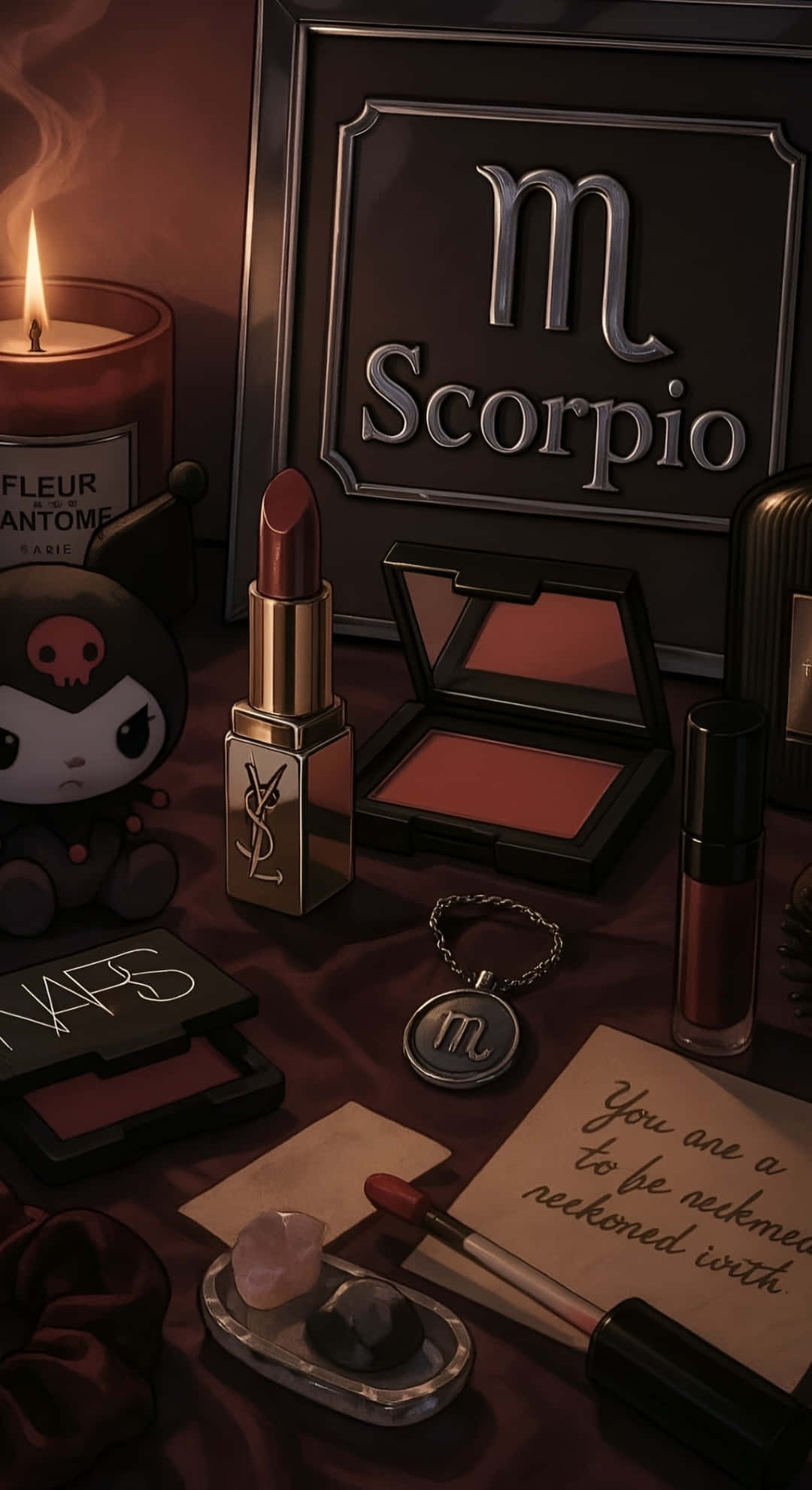 Scorpio-themed, vanity scene, lit candle makeup, Full HD Phone Wallpaper