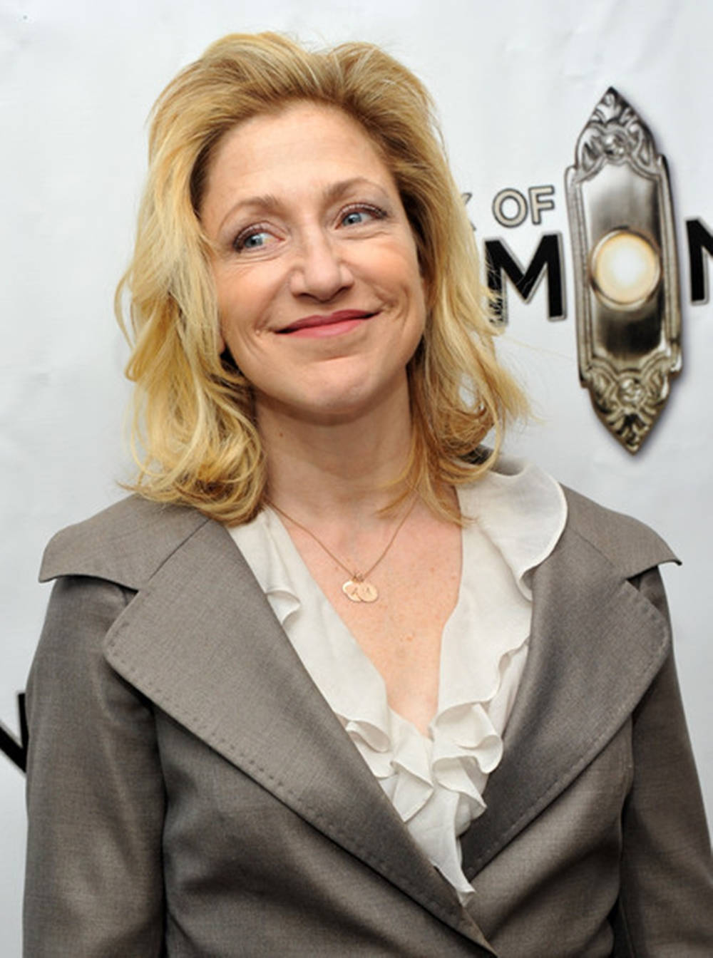 Edie Falco, grey suit, white ruffle top, HD Phone Wallpaper