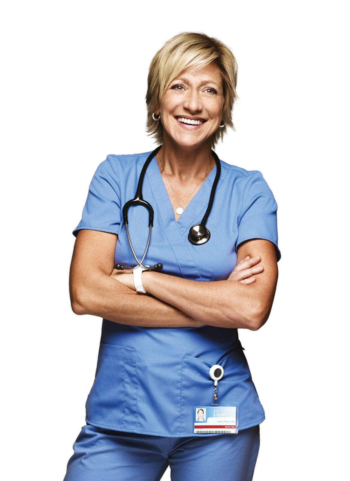 Edie Falco, blonde, blue scrubs, HD Phone Wallpaper