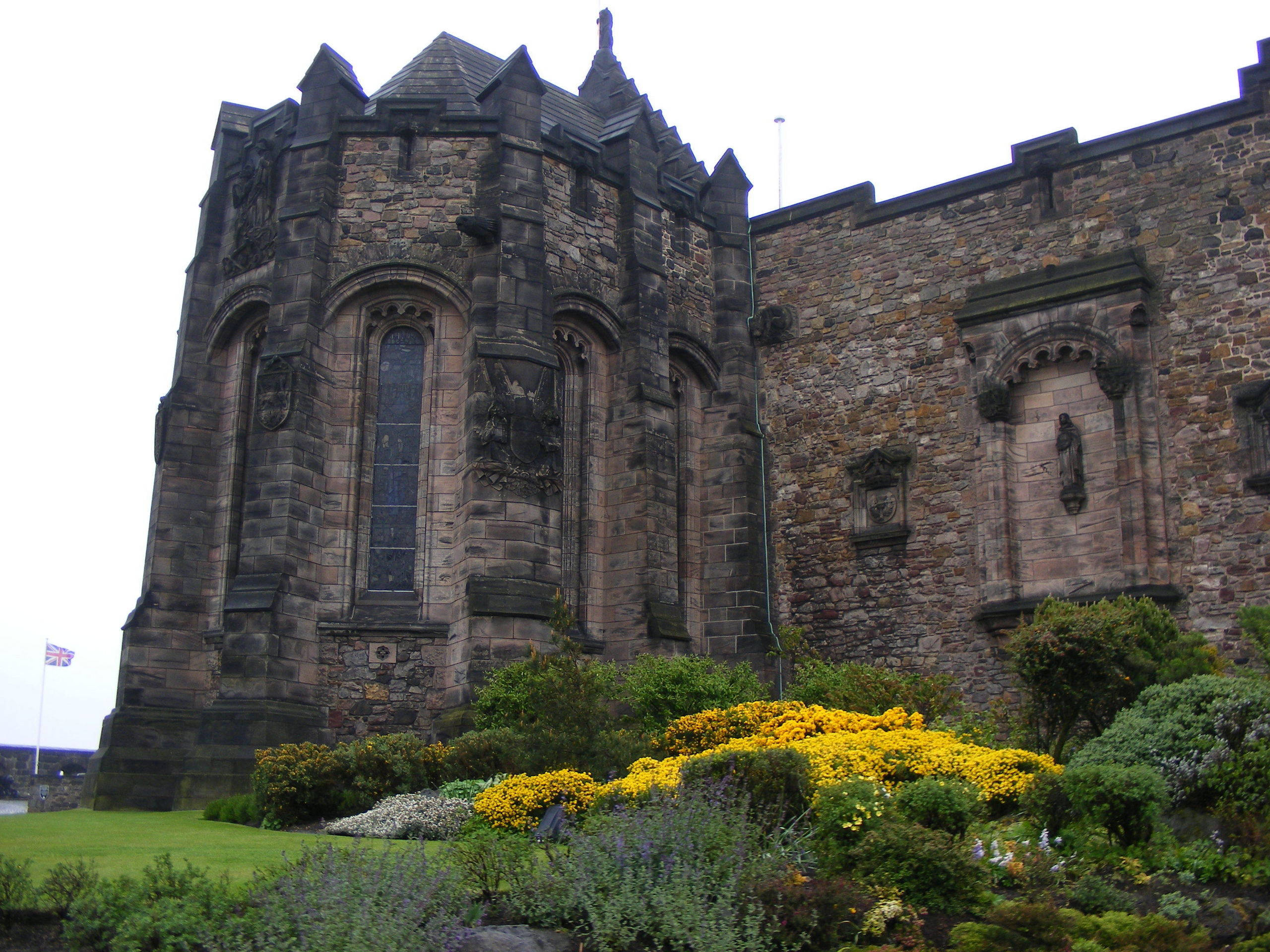 Common Gorse, Edinburgh Castle, Gothic windows, 2K Desktop Wallpaper