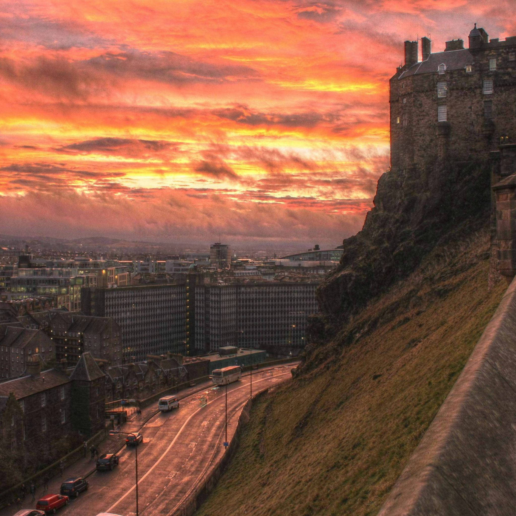 Edinburgh Castle, amber sunset sky, fiery orange clouds, Full HD Desktop Wallpaper