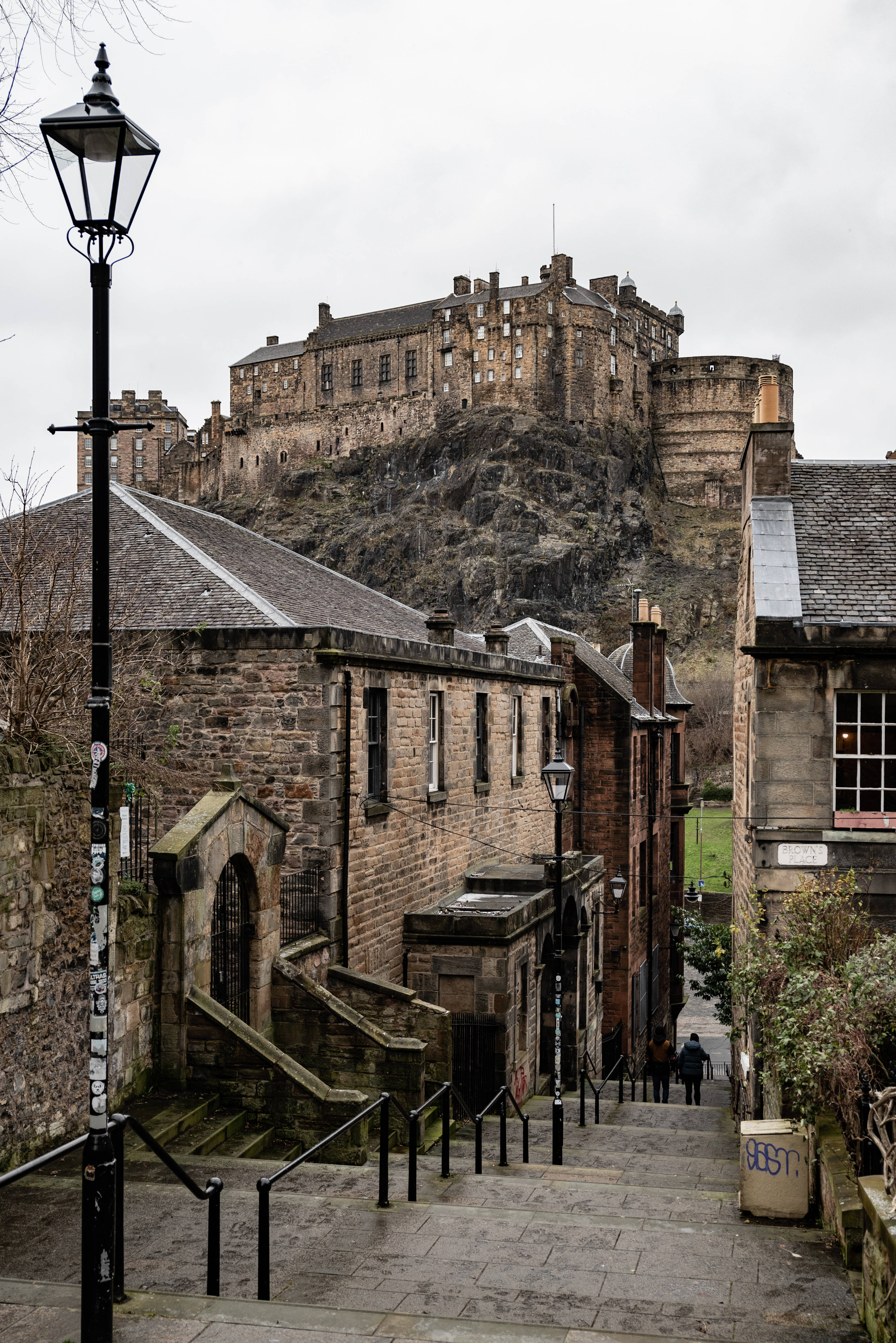 Edinburgh Castle, cobblestone staircase, rocky hill, 4K Phone Wallpaper