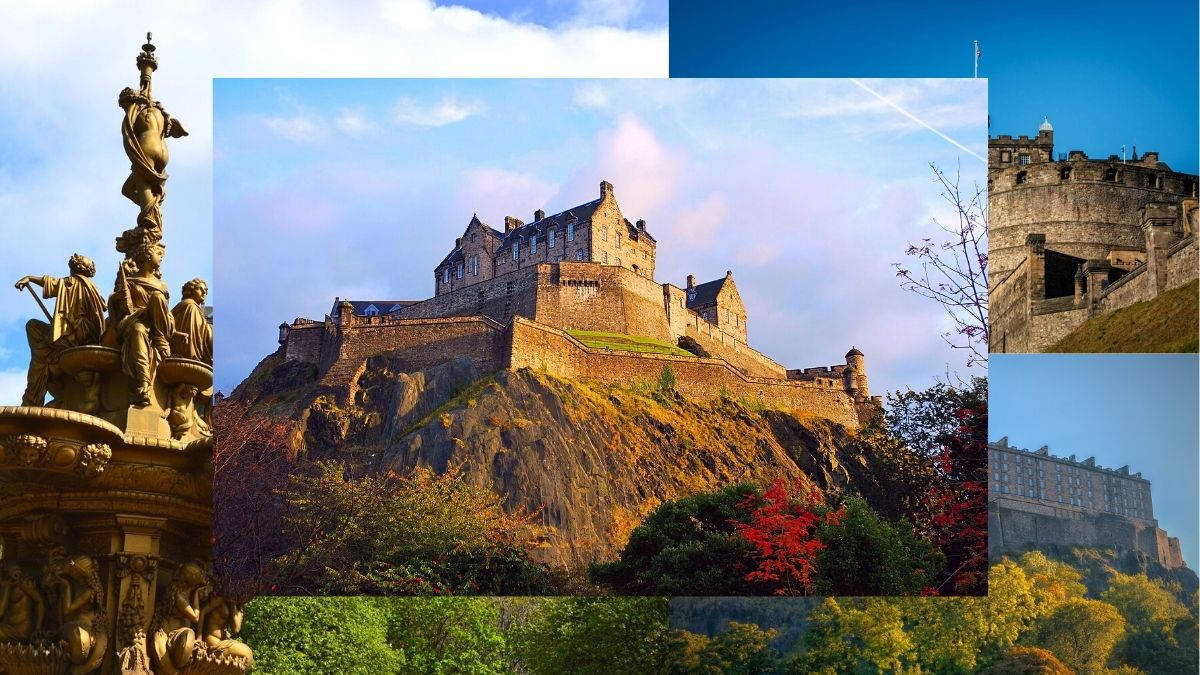 Edinburgh Castle, autumn foliage, partly cloudy sky, SD Desktop Wallpaper