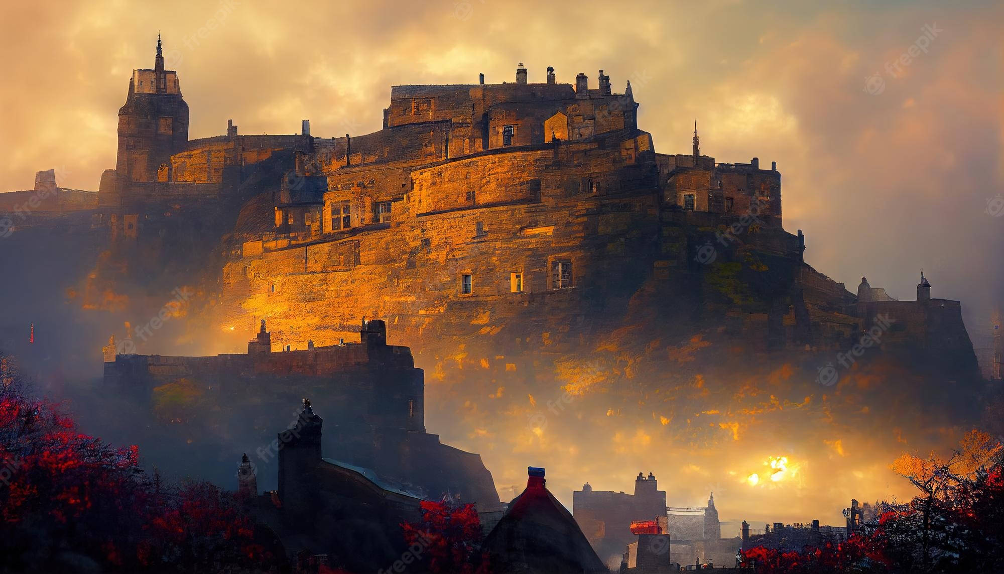 Edinburgh Castle, golden sunset light, fiery clouds, Full HD Desktop Wallpaper
