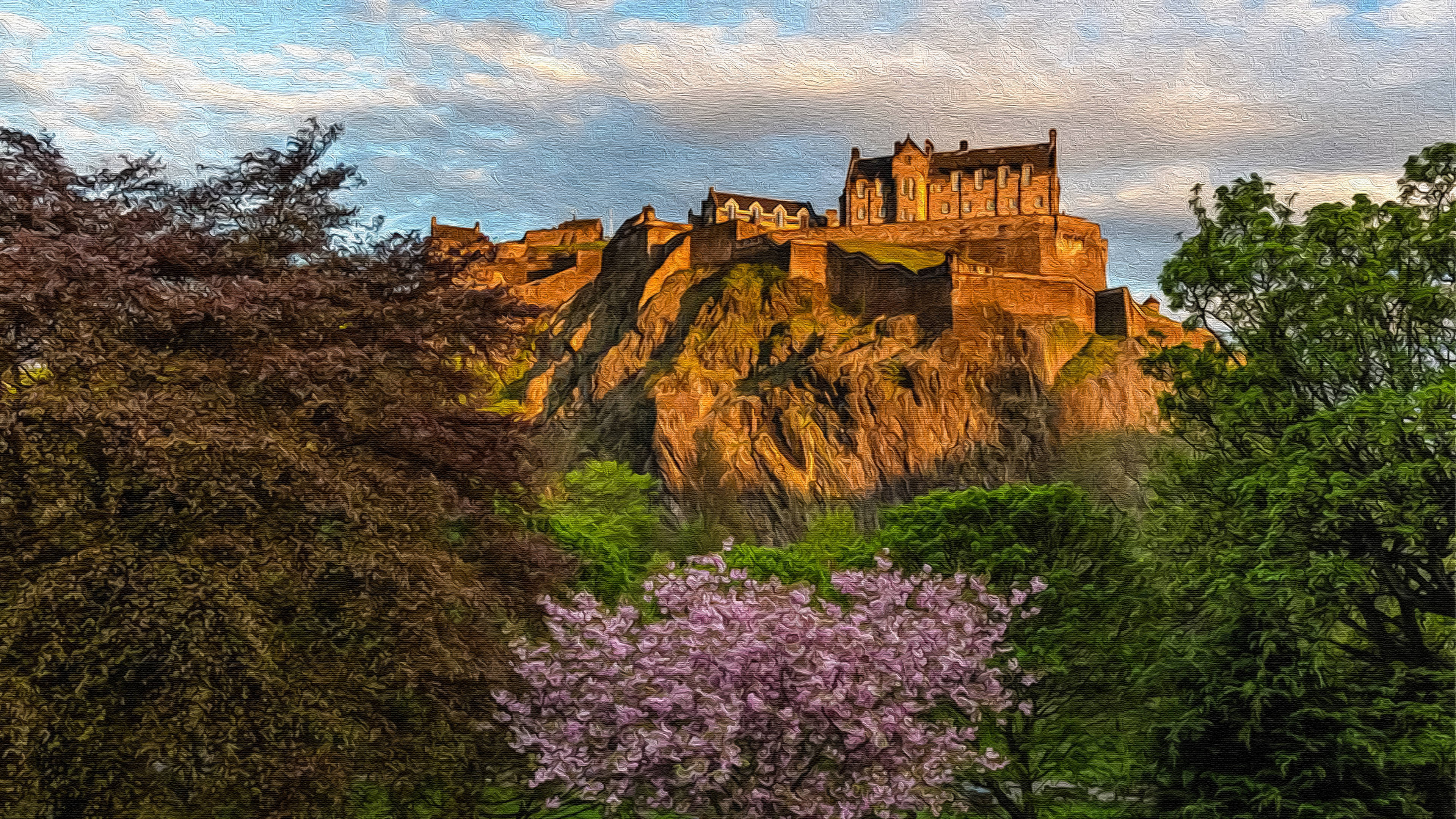 Edinburgh Castle, golden sunset light, pink cherry blossoms, 4K Desktop Wallpaper