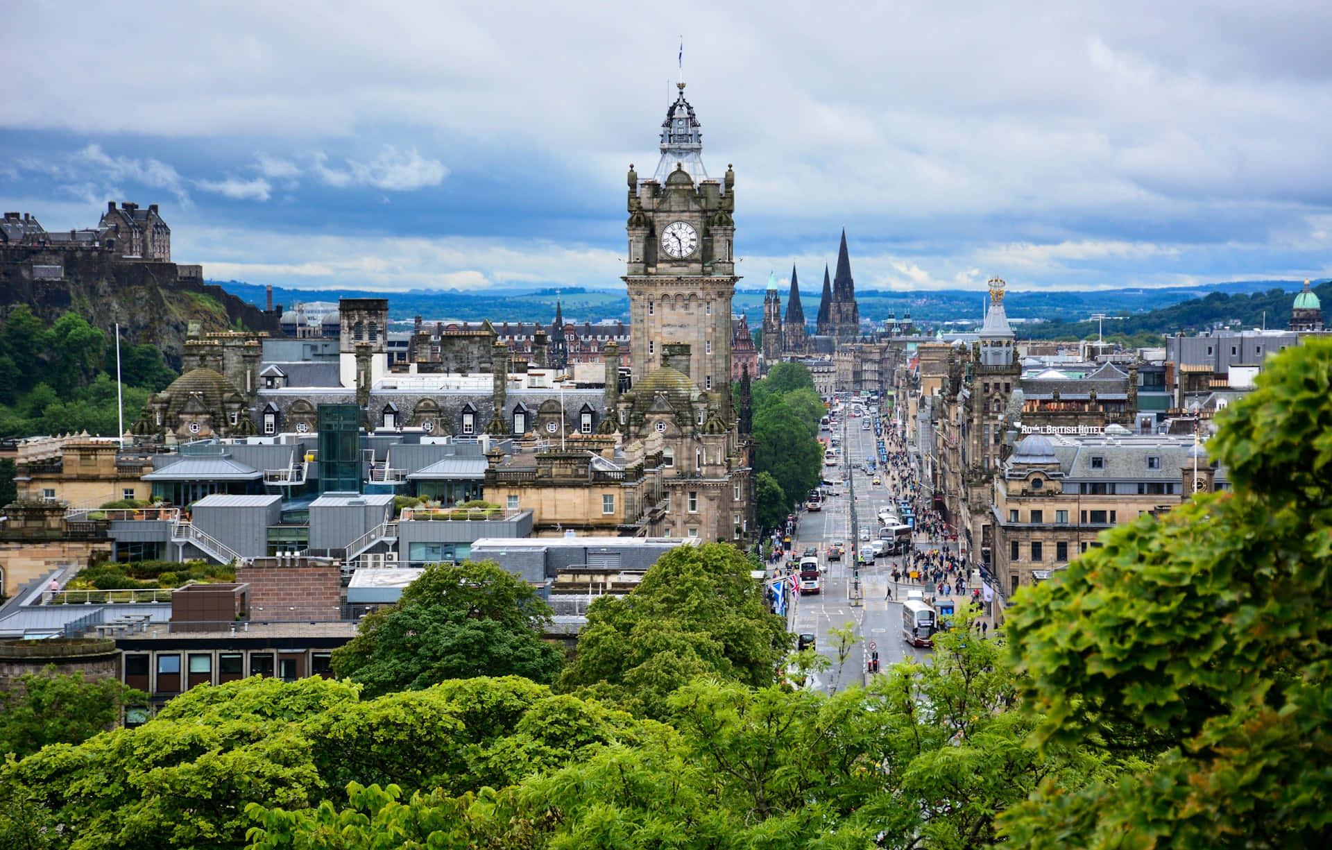 Edinburgh, historic clock tower, castle cliffs, Full HD Desktop Wallpaper