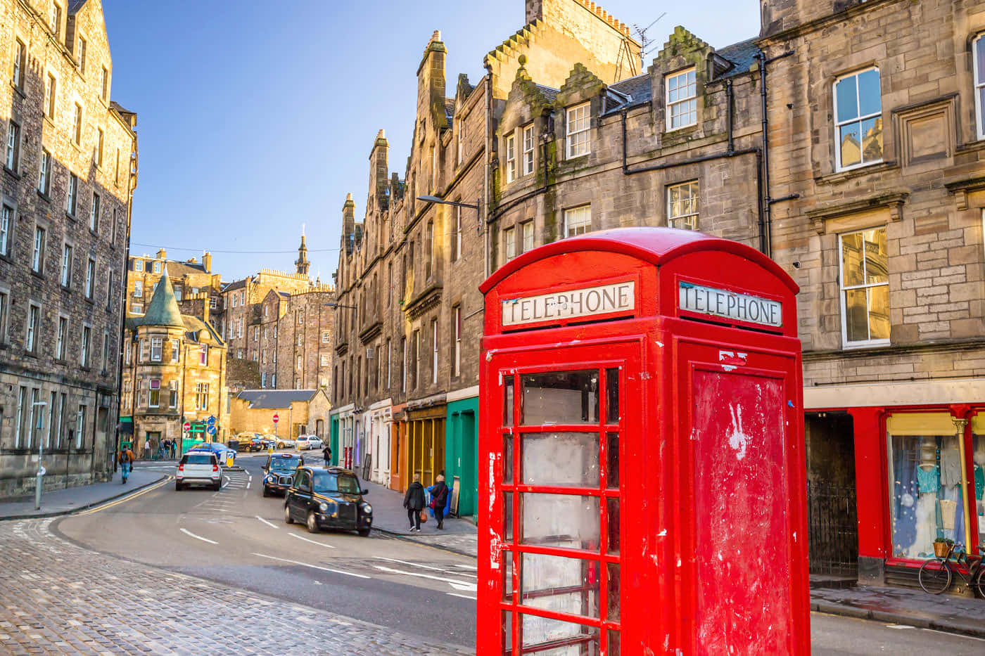 Edinburgh, iconic red telephone box, cobblestone street, HD Desktop Wallpaper