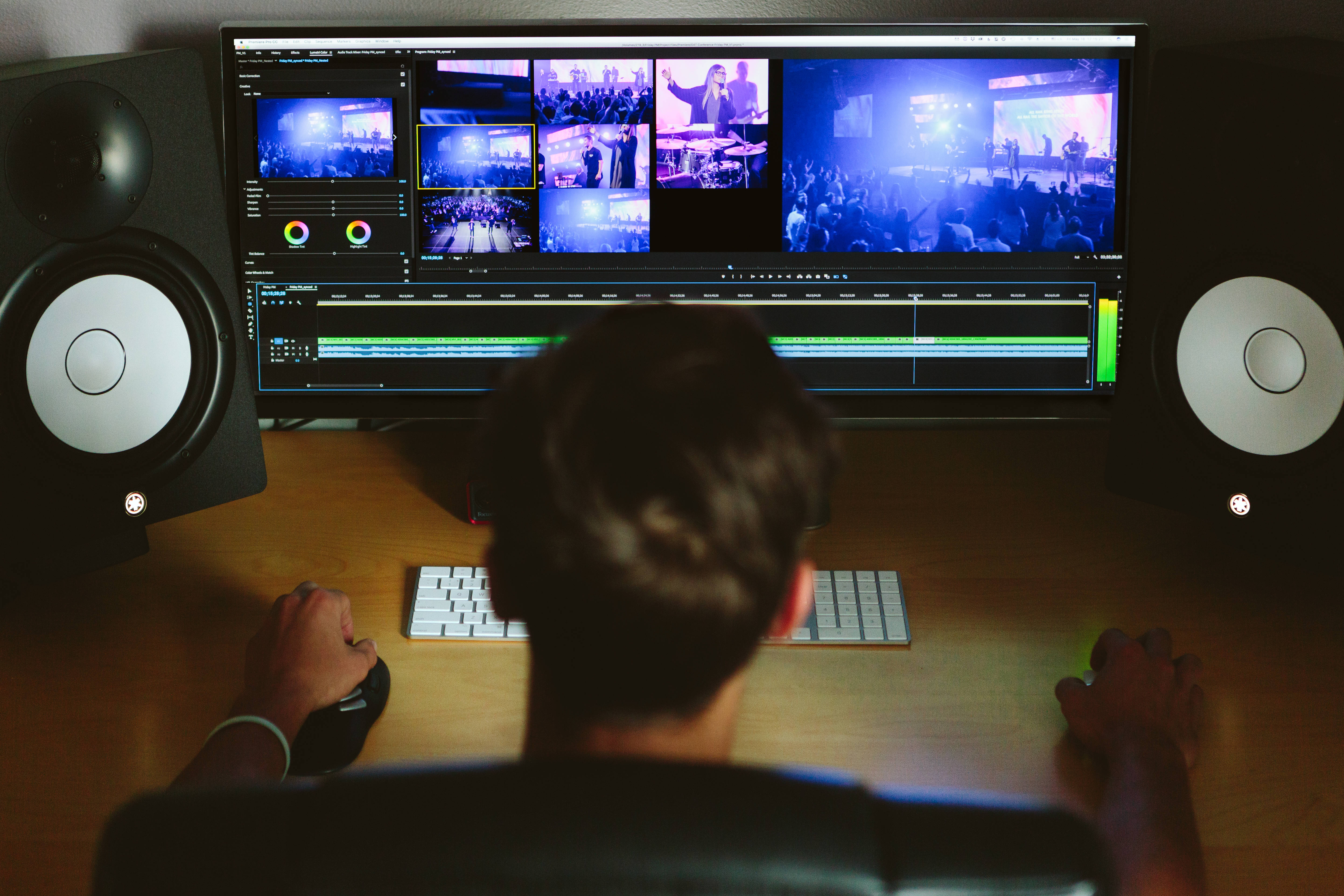 man, editing video, desk, 5K Desktop Wallpaper