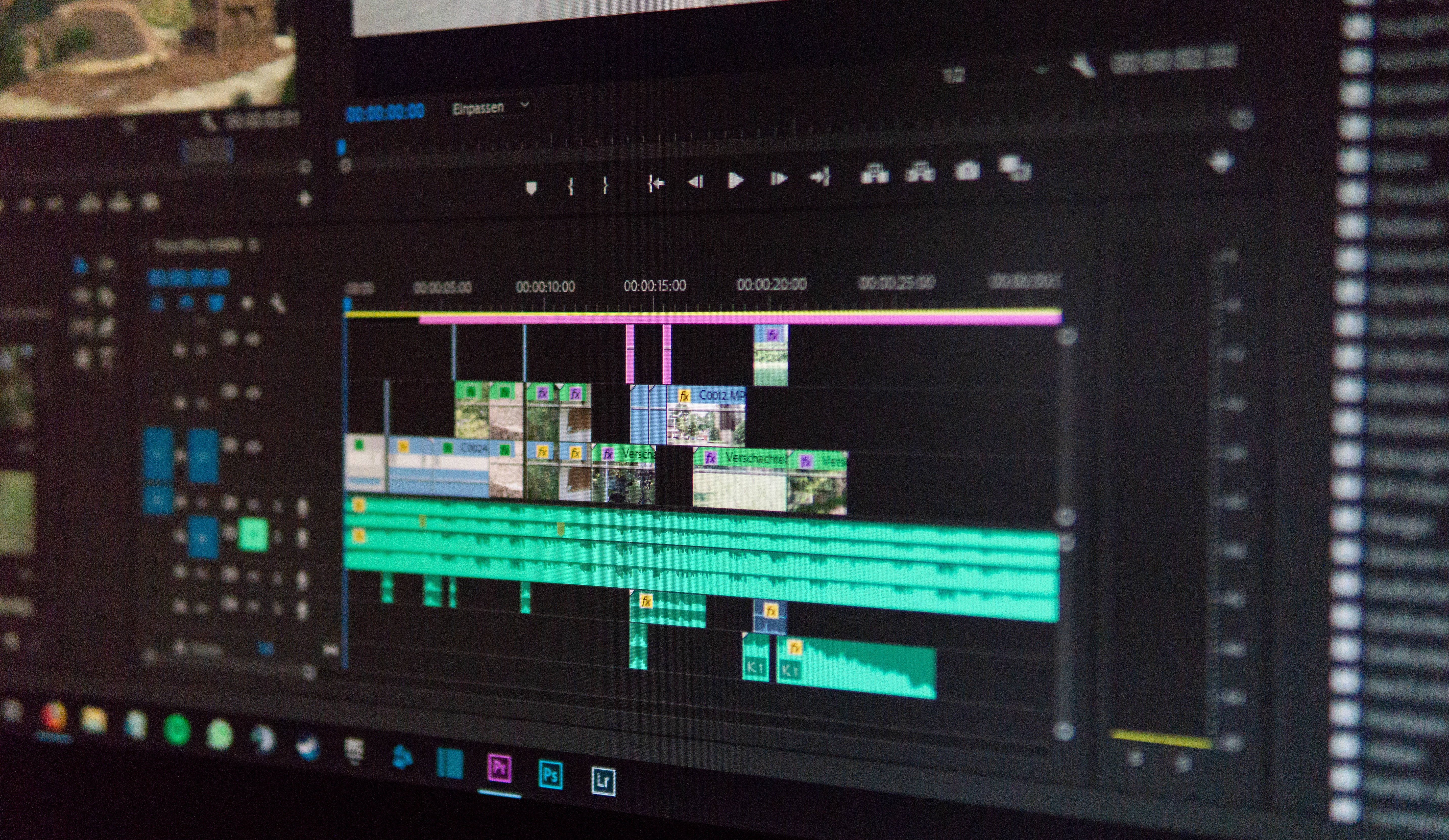 video editing software interface, colorful timeline clips, blurred background, 5K Desktop Wallpaper