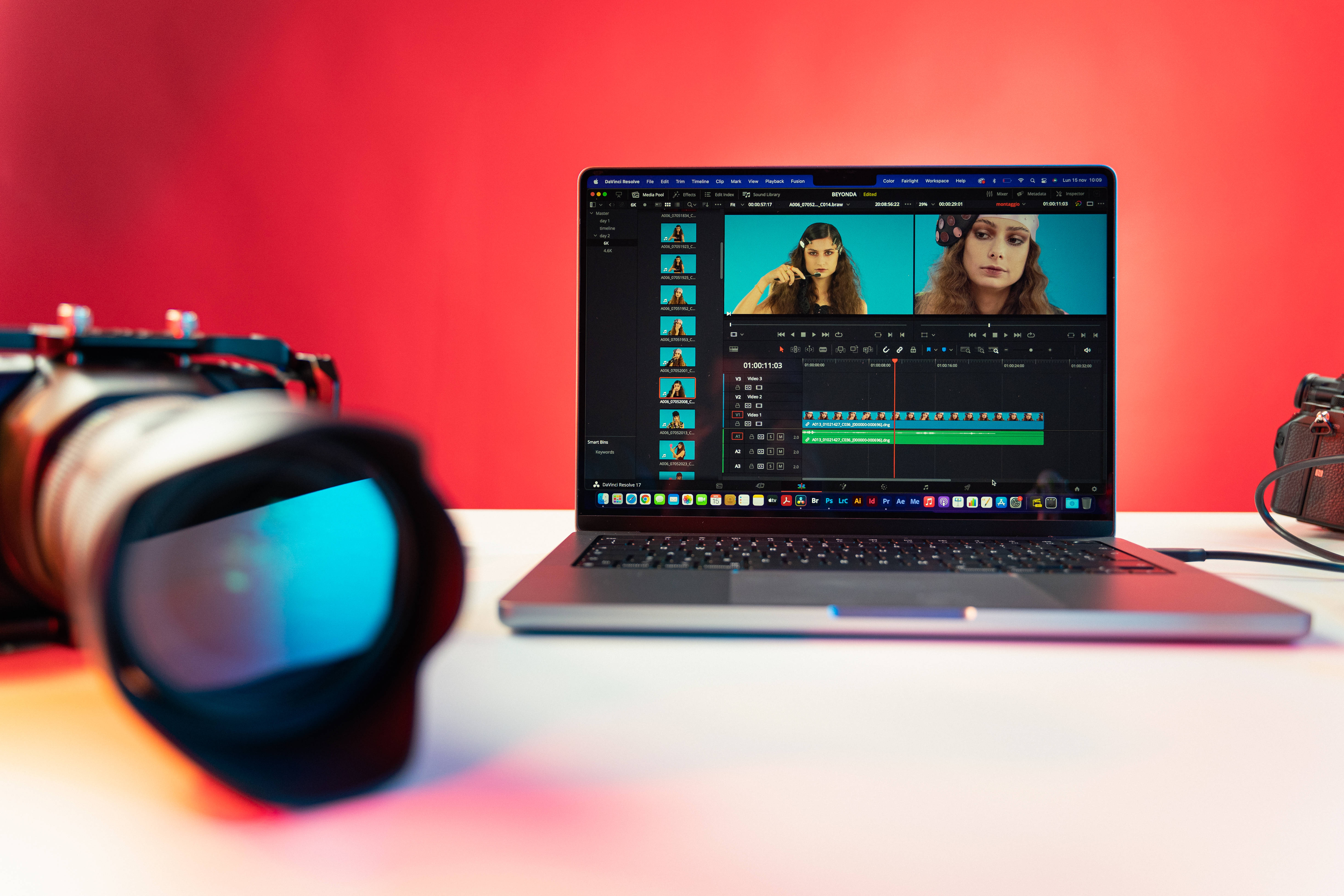 video editing software, laptop, large camera lens, 5K Desktop Wallpaper