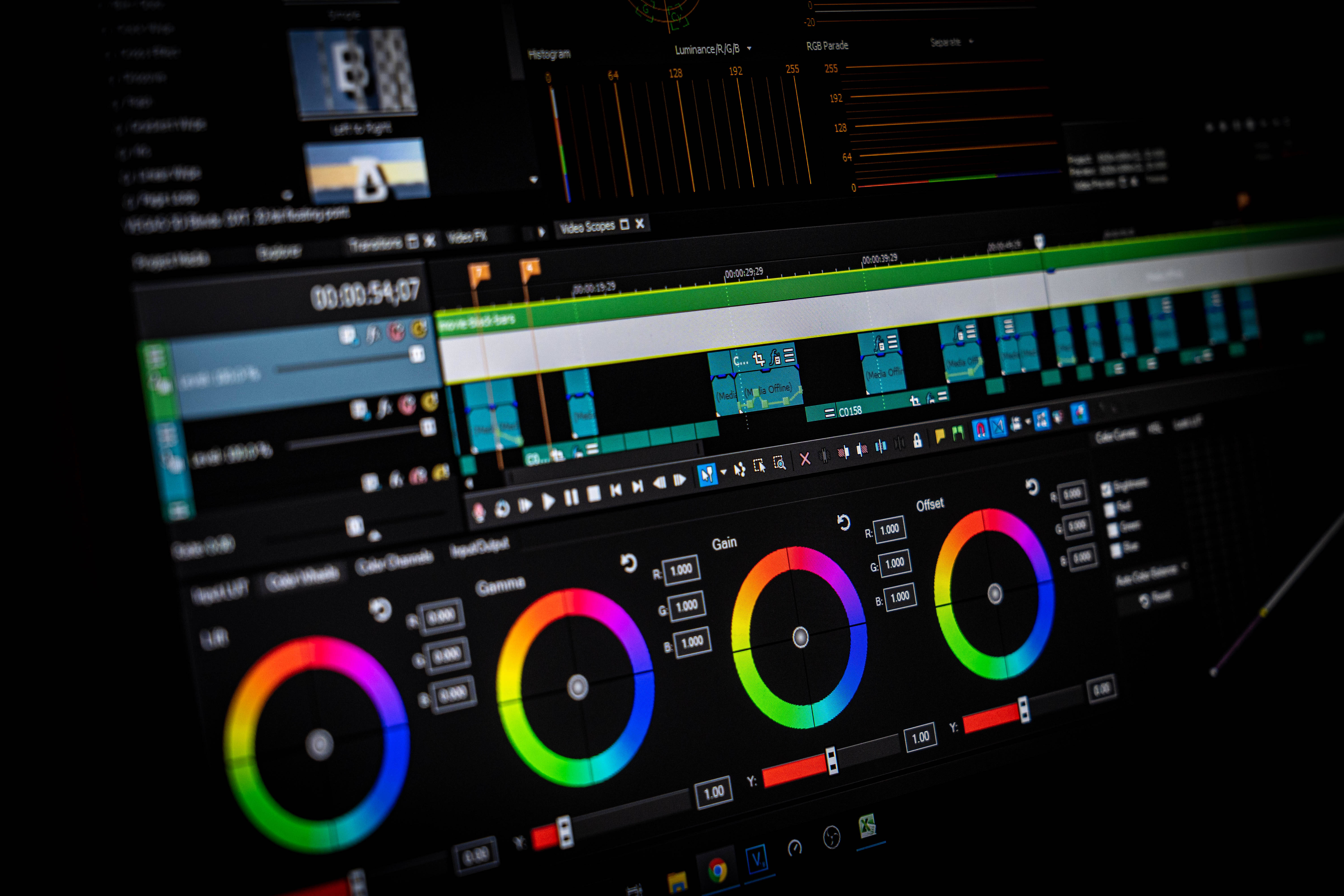 color correction editing software, video editing software interface, color wheels, 5K Desktop Wallpaper