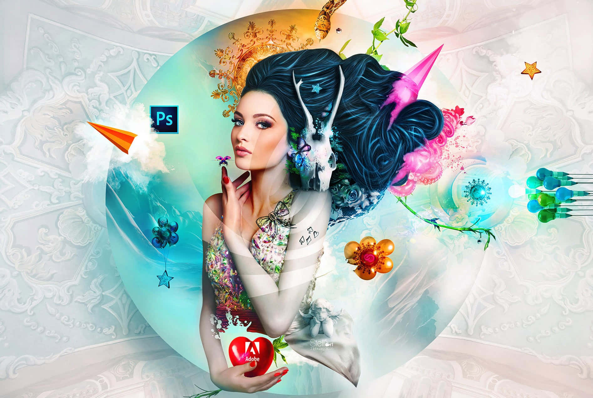 Adobe Photoshop icons, pink horn, floating flowers, HD Desktop Wallpaper