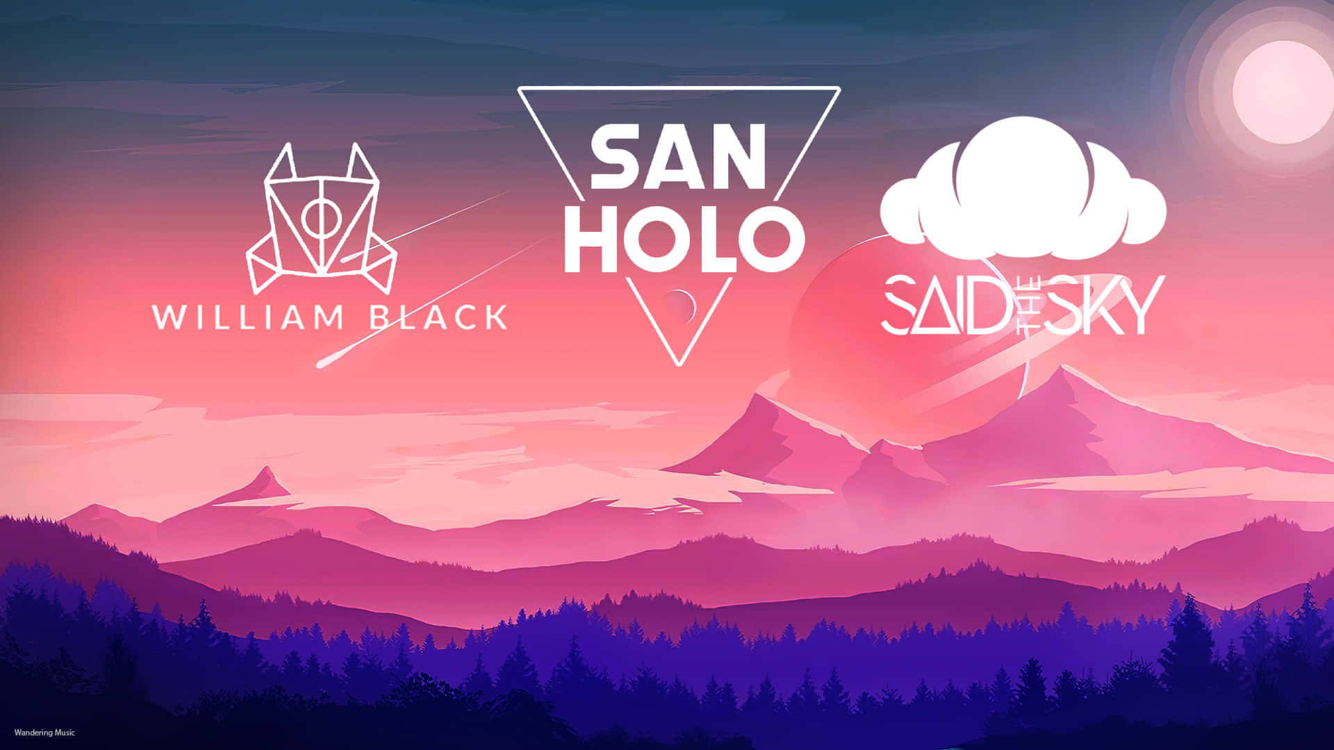 EDM, Pink and purple mountain range, glowing sun, Full HD Desktop Wallpaper