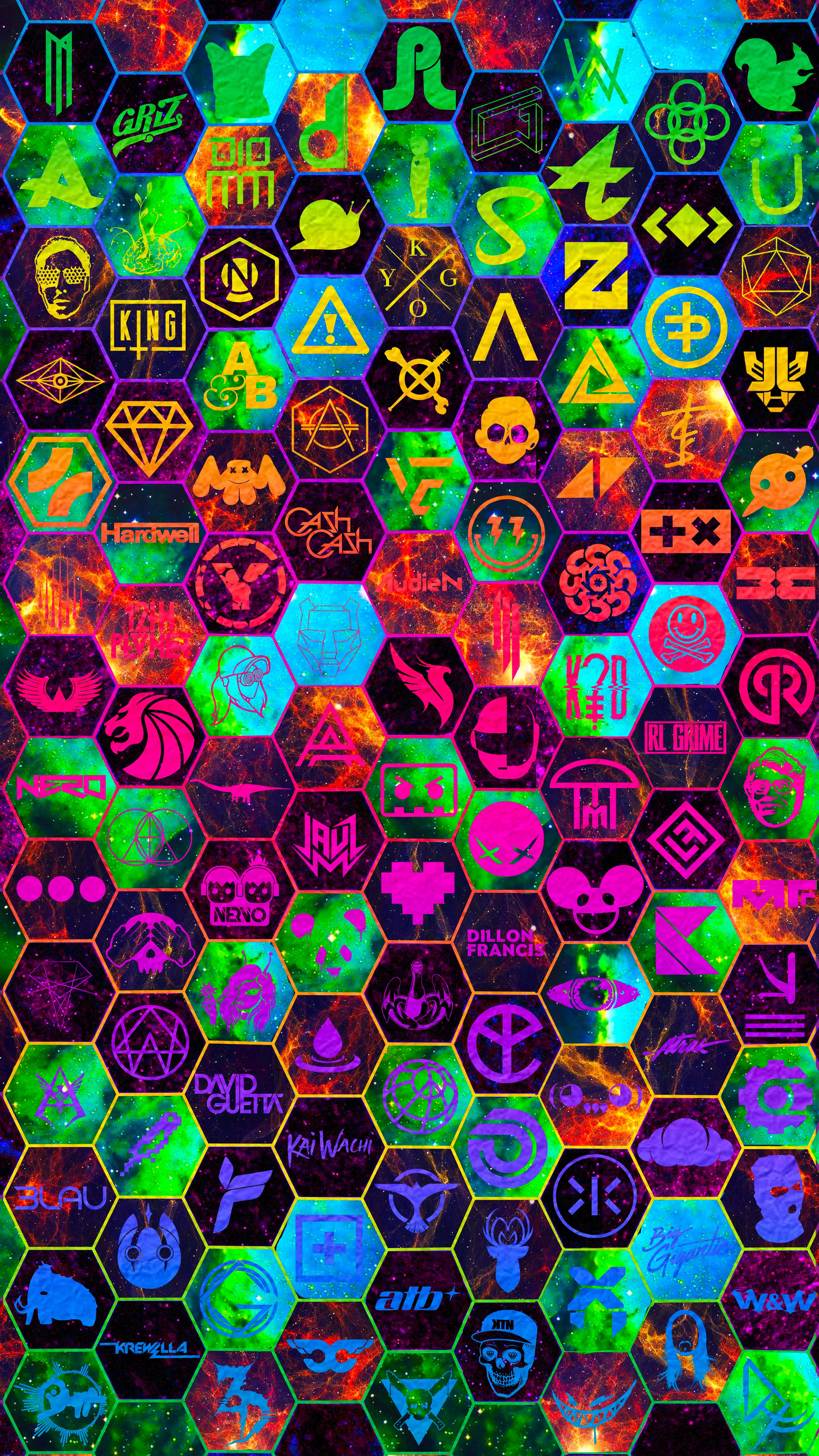 neon symbols, glowing hexagons, cosmic nebula background, 8K Phone Wallpaper