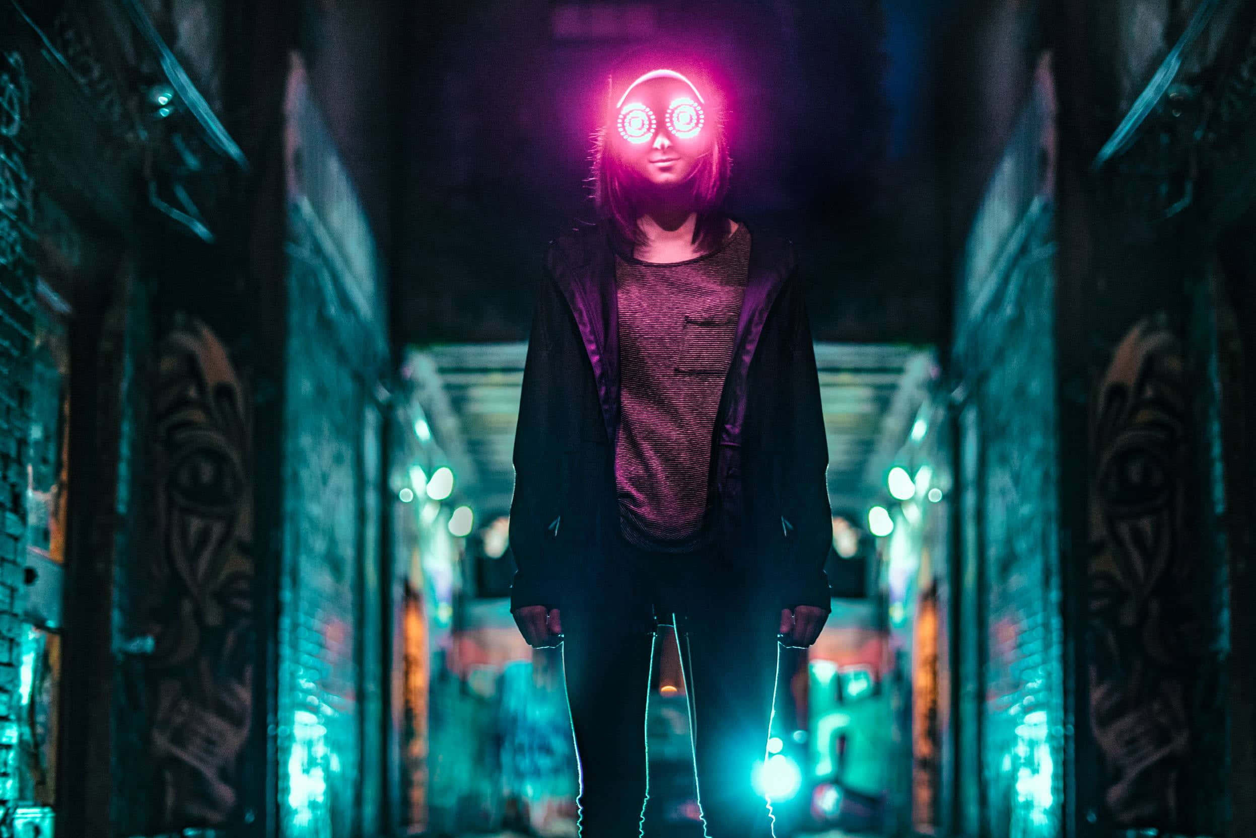 EDM Music, glowing pink cybernetic eyes, neon-lit alleyway, Full HD Desktop Wallpaper