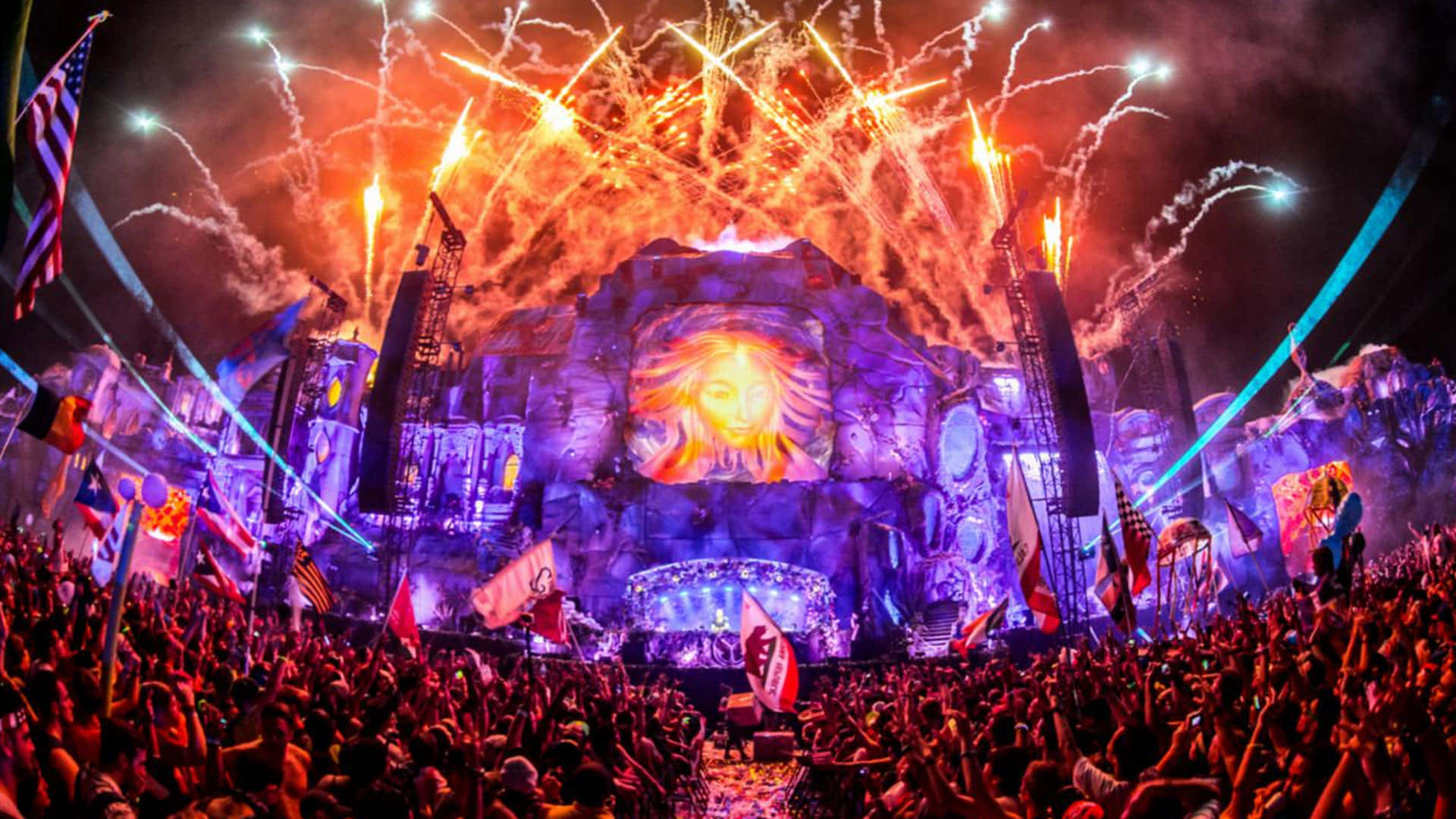 EDM, fireworks, colossal illuminated stage, Full HD Desktop Wallpaper