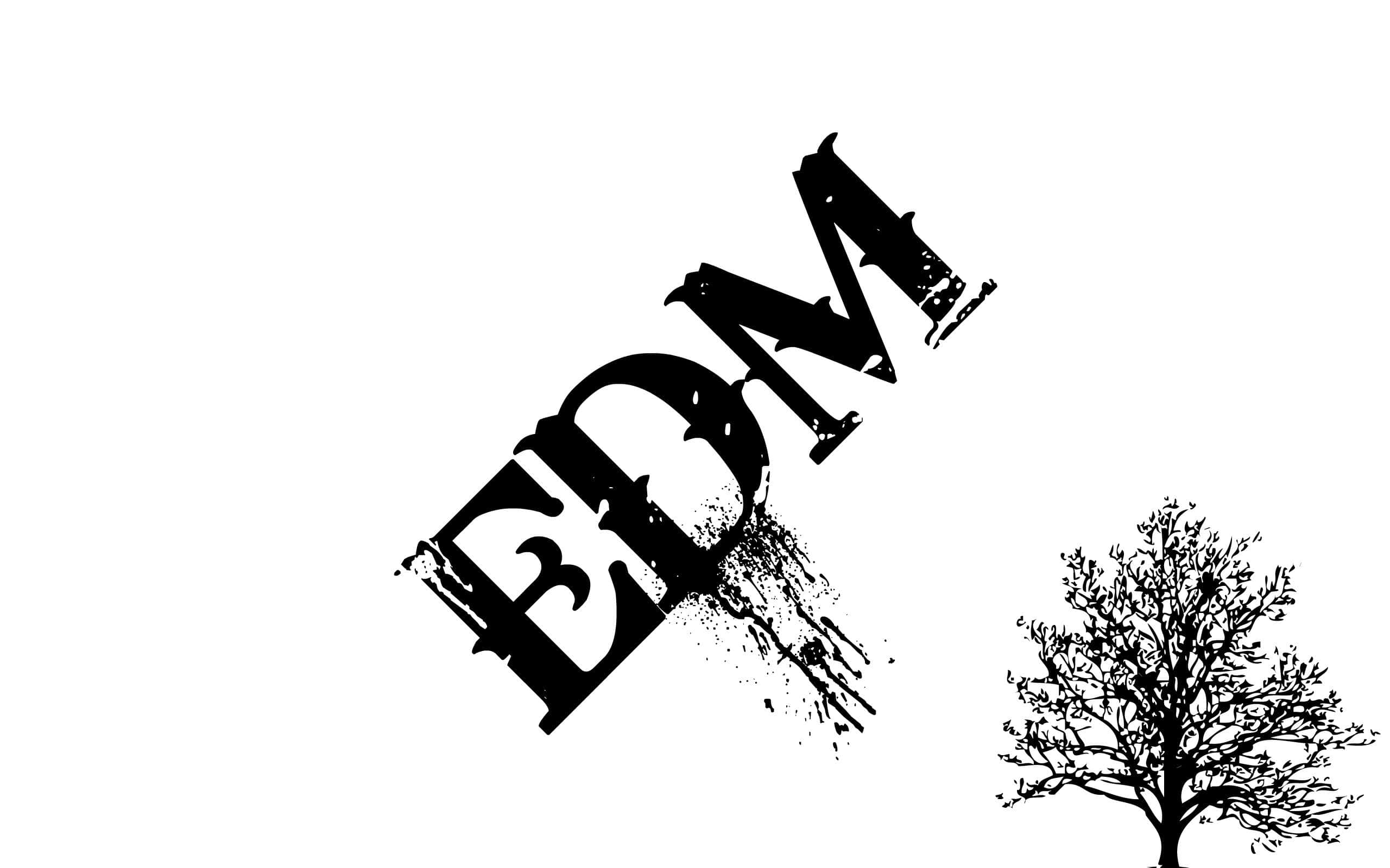 EDM, black graffiti-style text, leafless tree silhouette, 2K Desktop Wallpaper