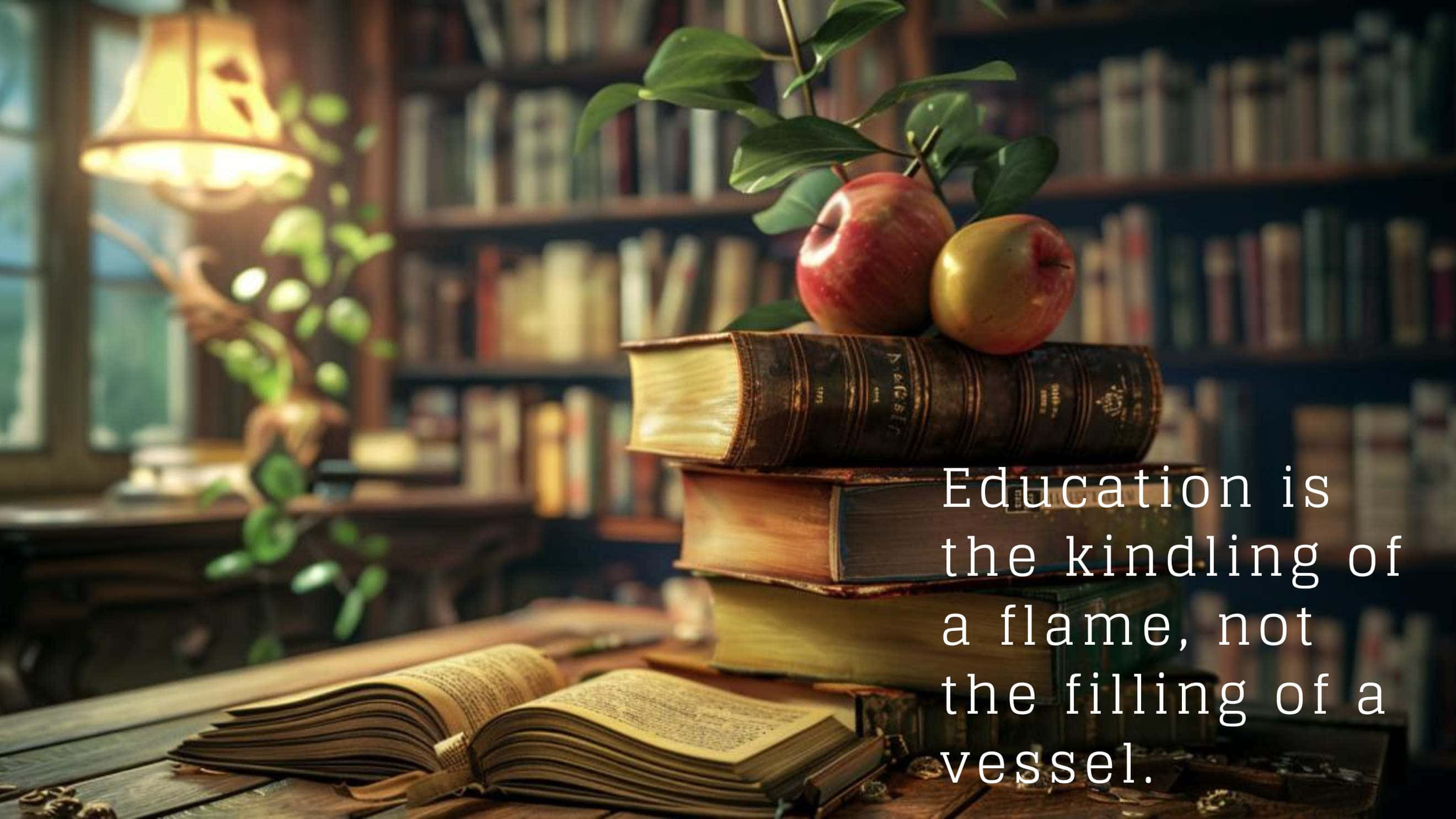 cozy library scene, stacked vintage books, apples, 2K Desktop Wallpaper