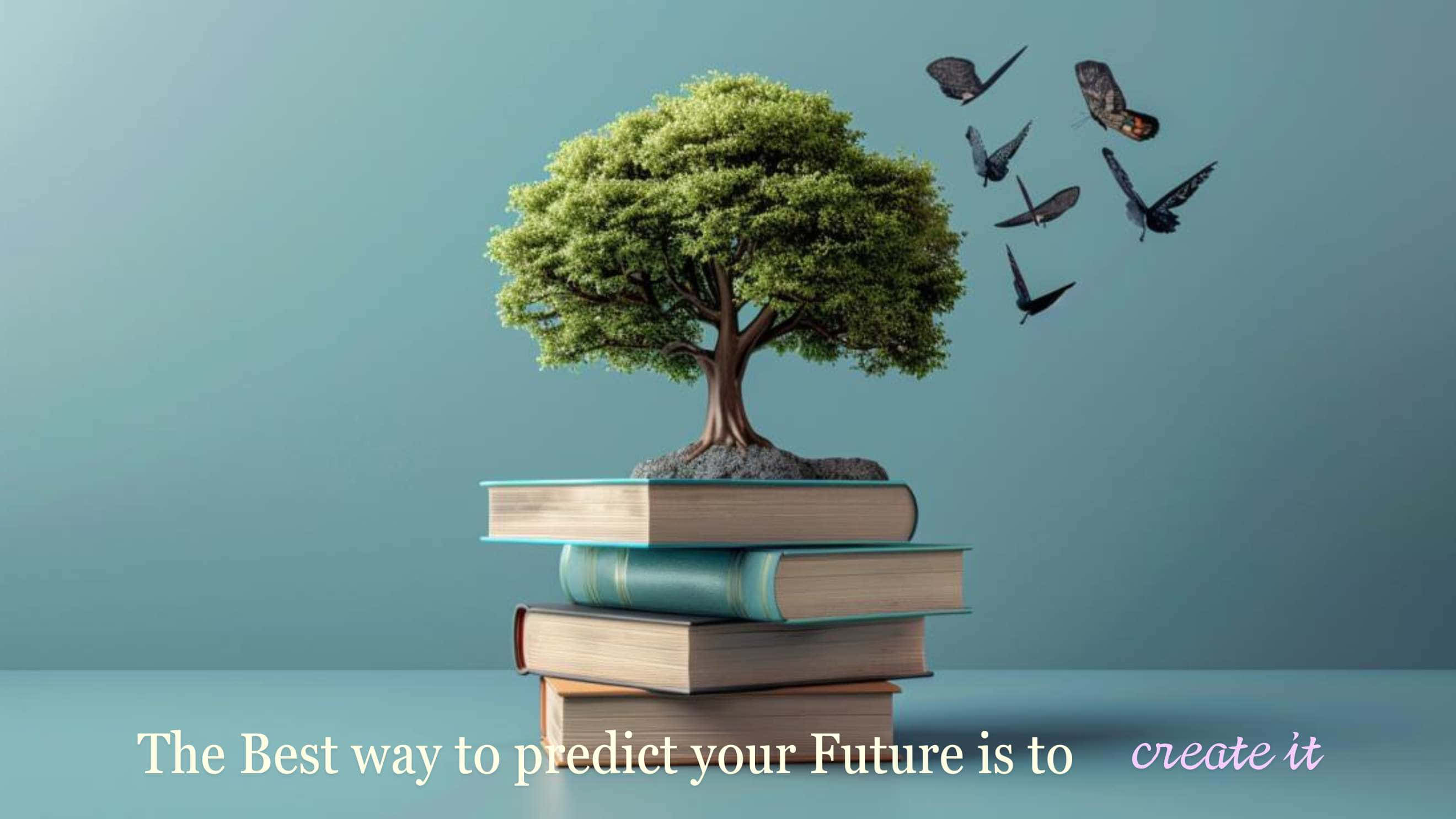 lush green tree, stack of books, butterflies, 2K Desktop Wallpaper