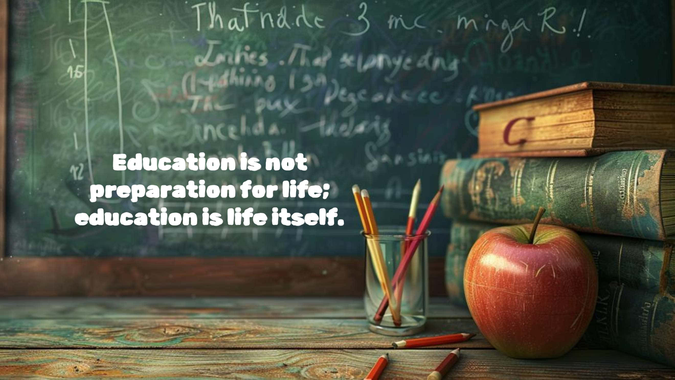 red apple, vintage books, wooden desk, 2K Desktop Wallpaper