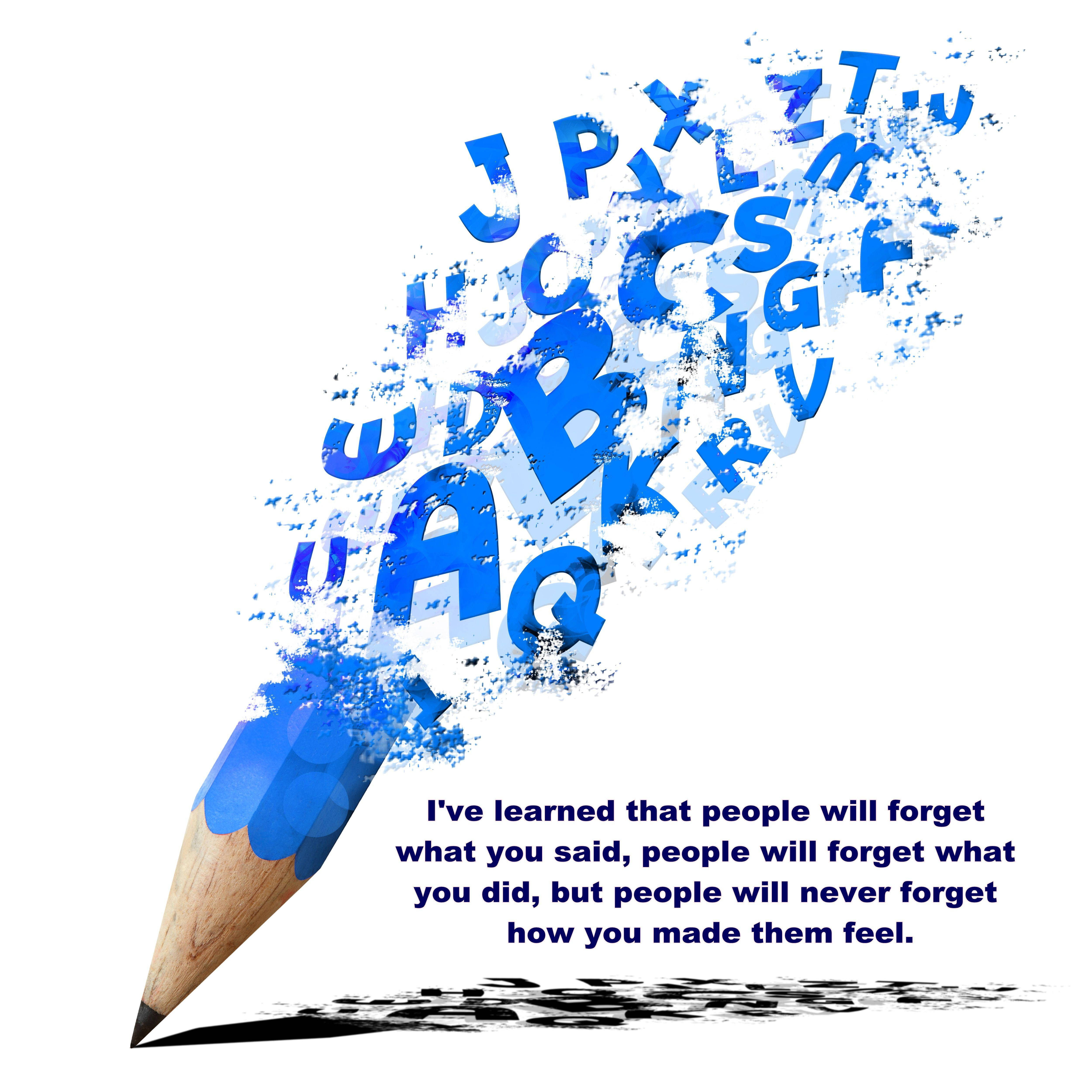 wooden pencil, blue ink, scattered blue letters, 4K Desktop Wallpaper
