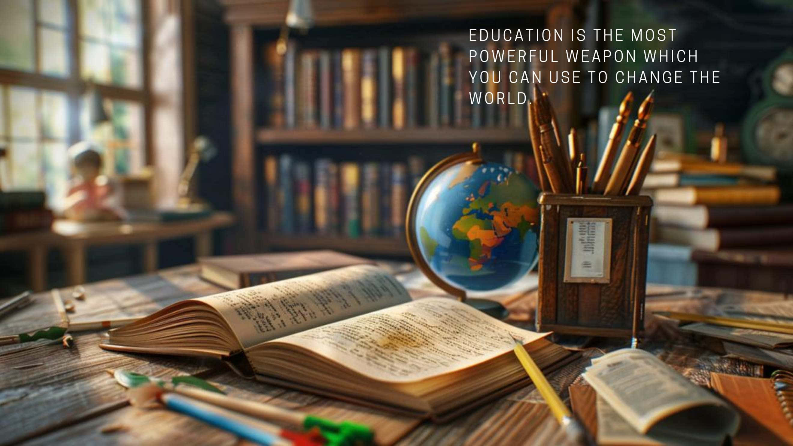 wooden desk, open books, globe, 2K Desktop Wallpaper