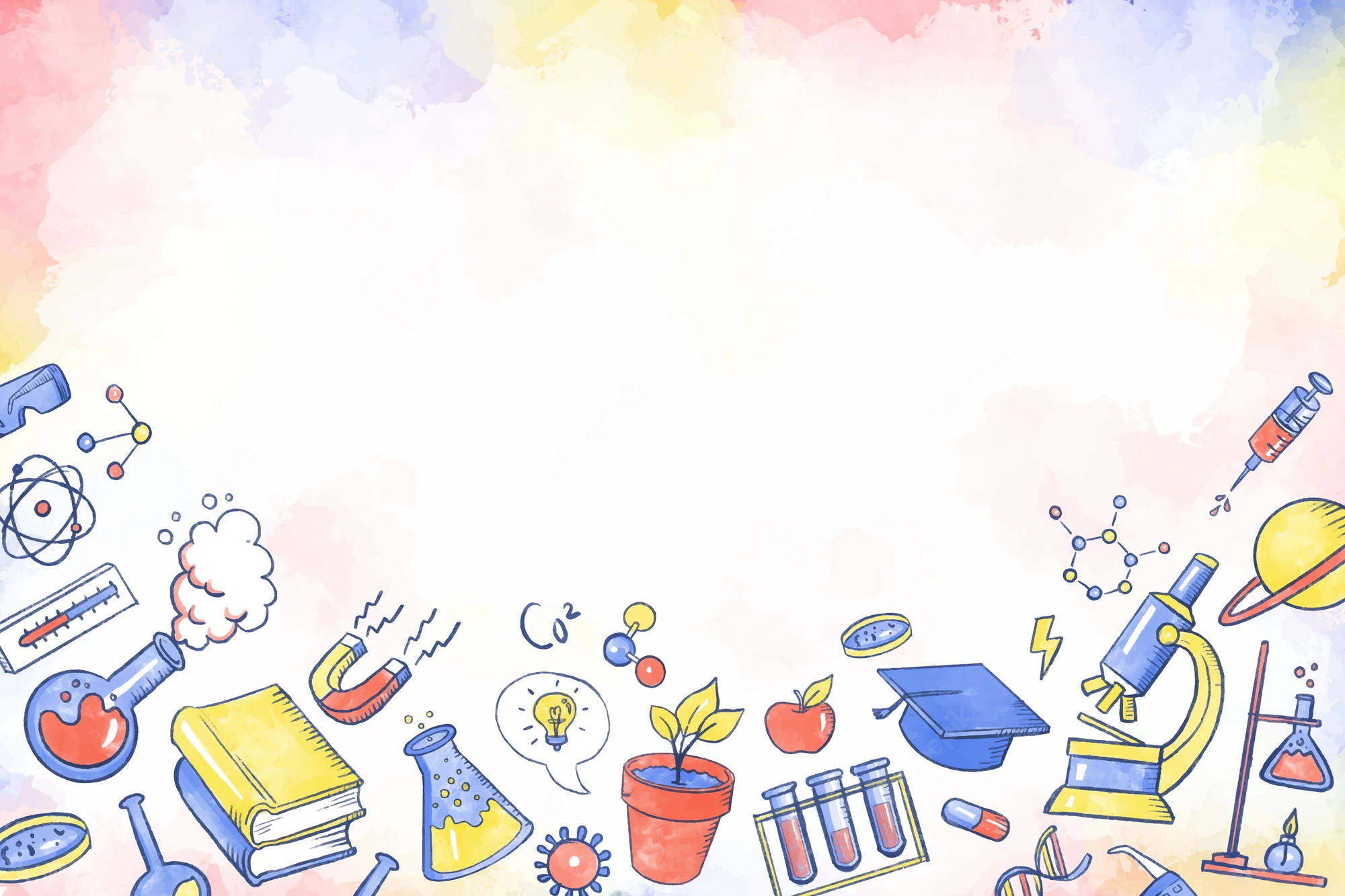 watercolor background, hand-drawn science icons, beakers, Full HD Desktop Wallpaper