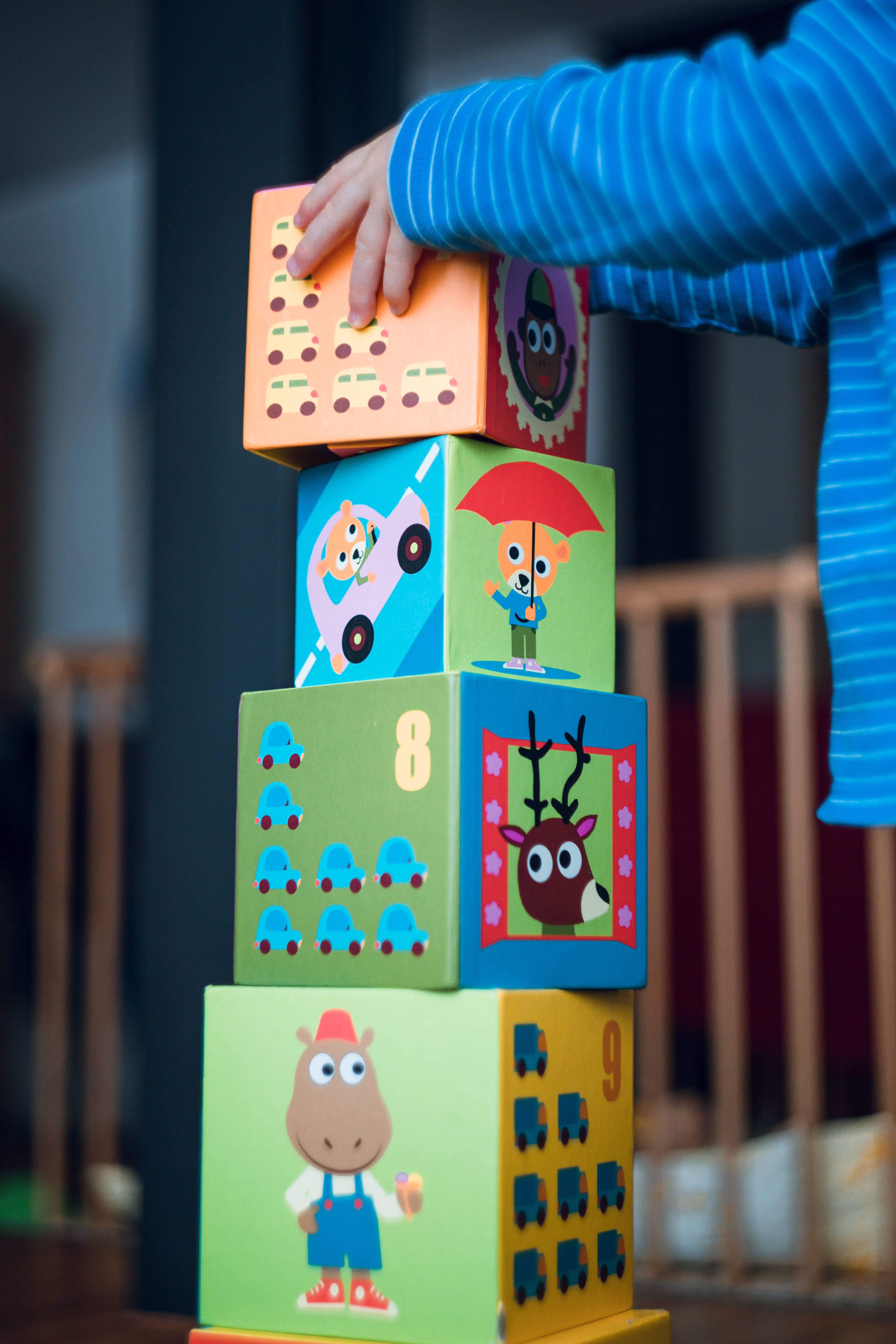 colorful block, tower of illustrated wooden blocks, cartoon animals, 5K Phone Wallpaper