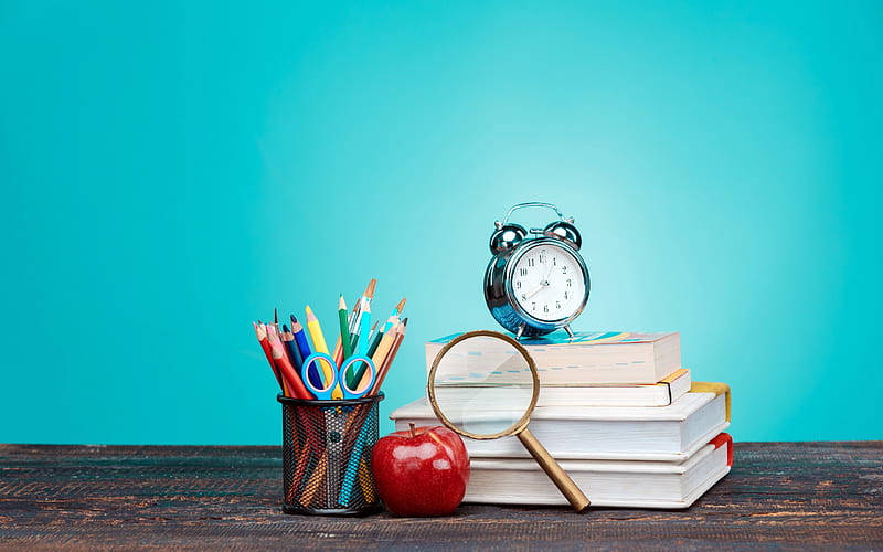 vintage alarm clock, books, red apple, SD Desktop Wallpaper