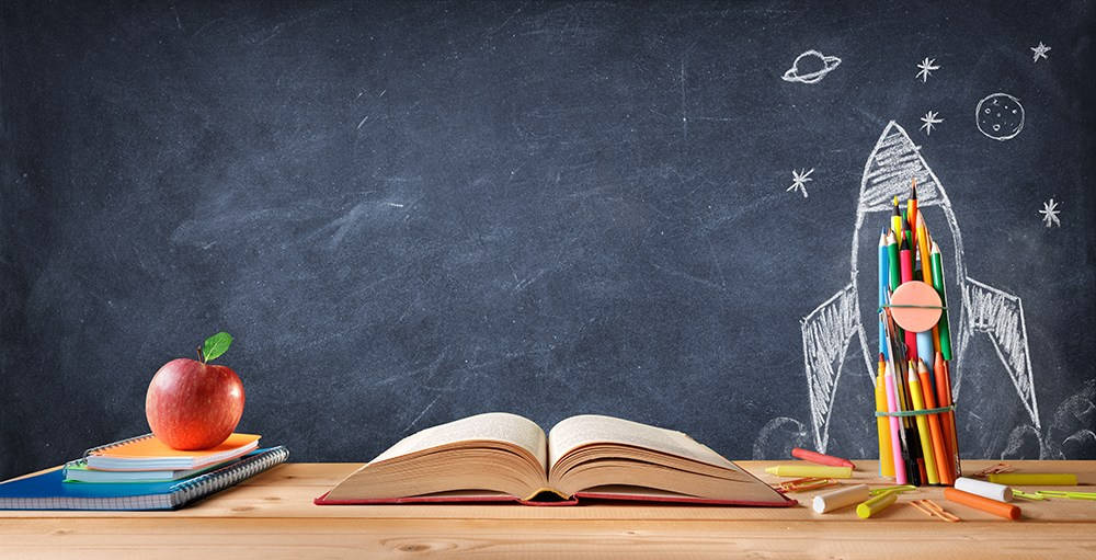 open book, blackboard, chalk-drawn rocket ship, SD Desktop Wallpaper