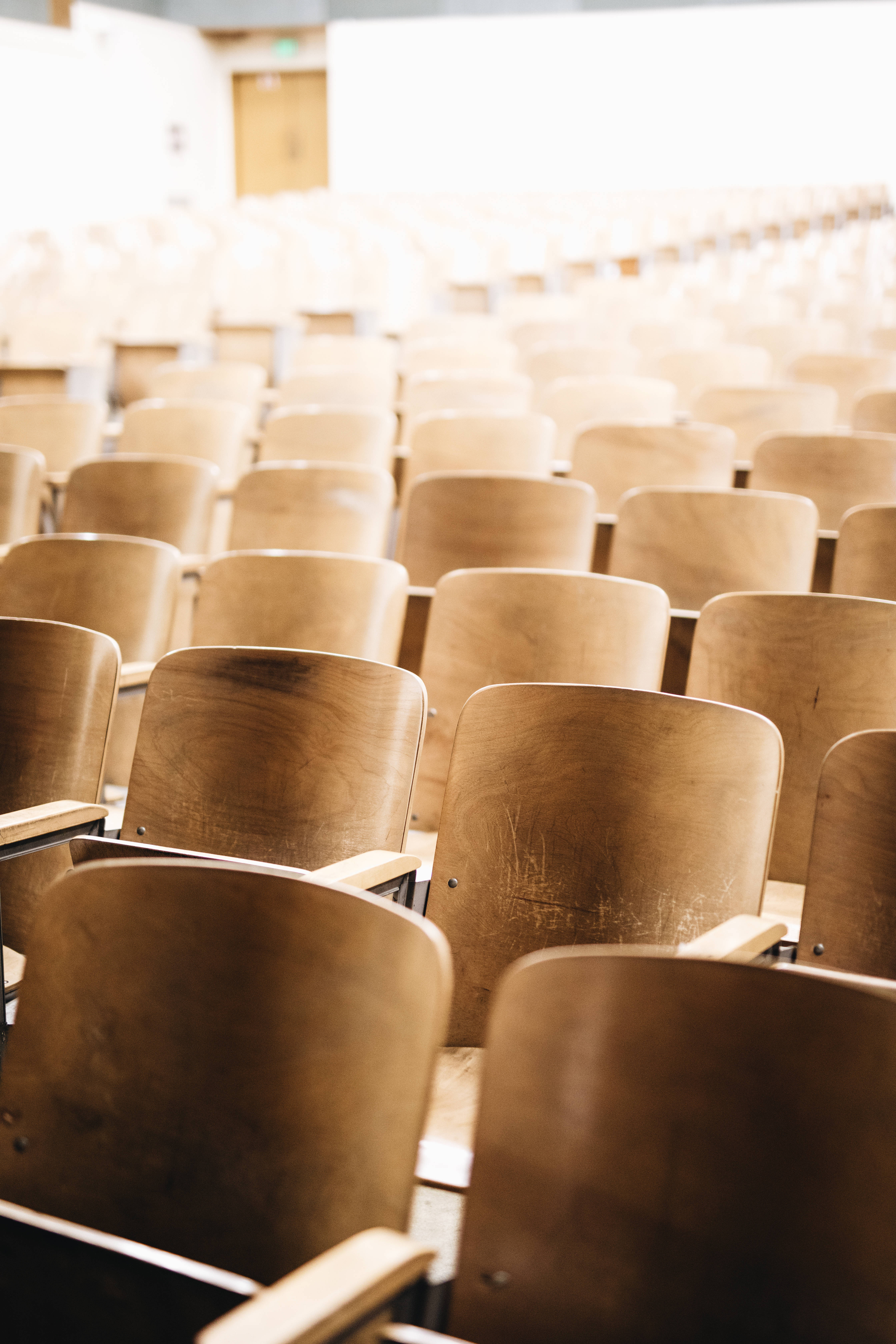 empty wooden chairs, bright lecture hall, rows, 5K Phone Wallpaper