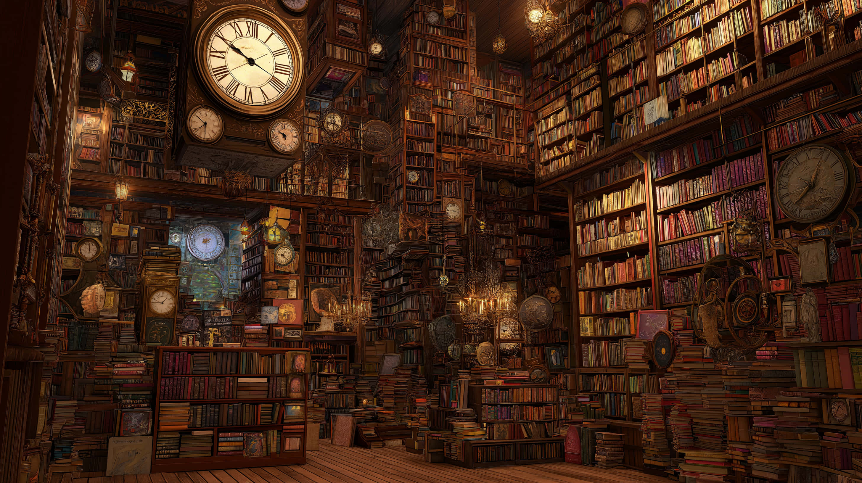 vast library, towering bookshelves, vintage clocks, 2K Desktop Wallpaper