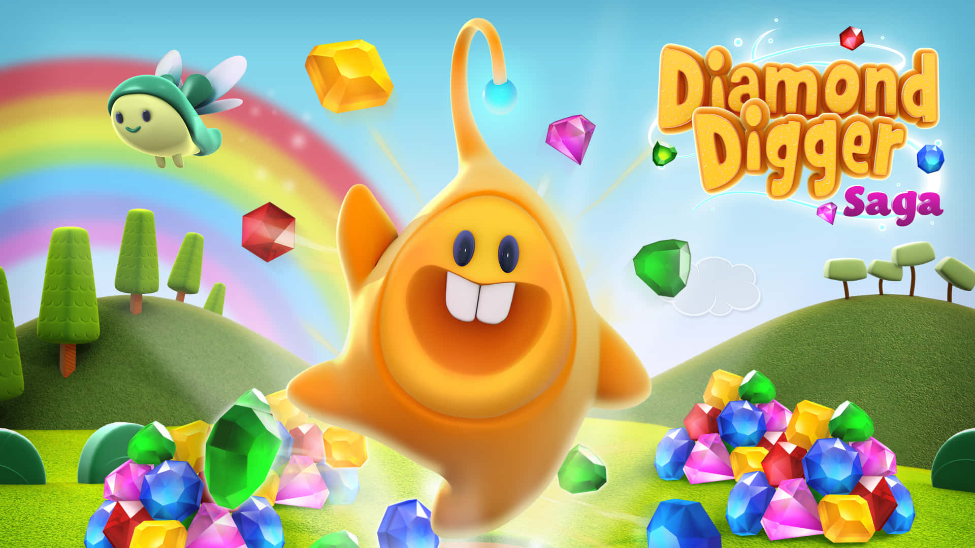 Joyful Children Playing Colorful Board Game, cheerful yellow cartoon character, colorful gems, Full HD Desktop Wallpaper