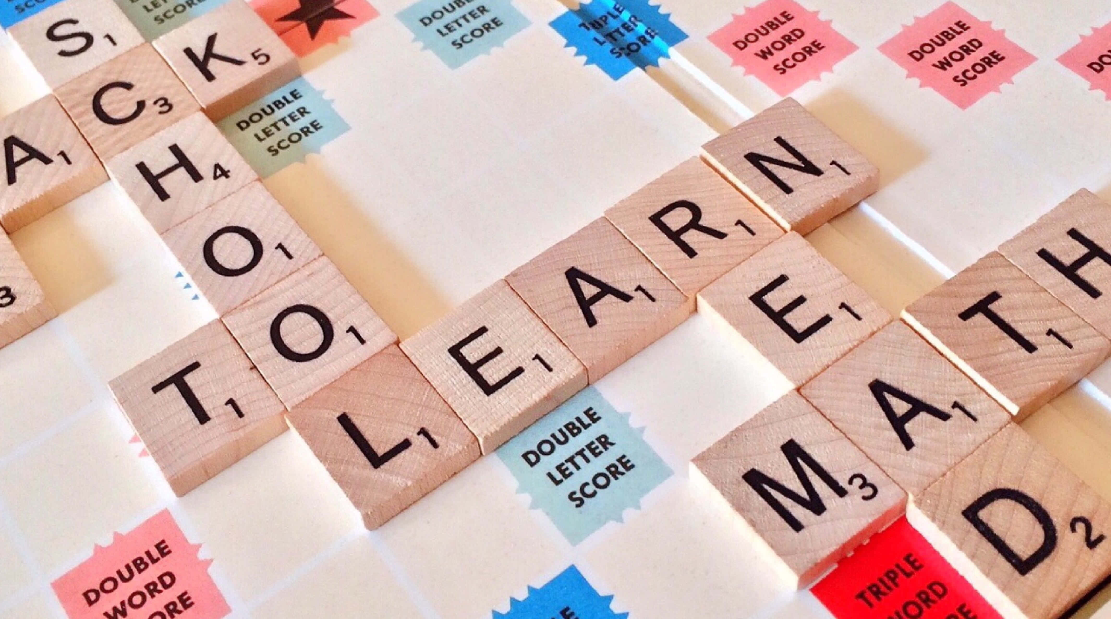 Wooden Scrabble tiles, SCHOOL TO LEARN MATH, colorful game board, 4K Desktop Wallpaper