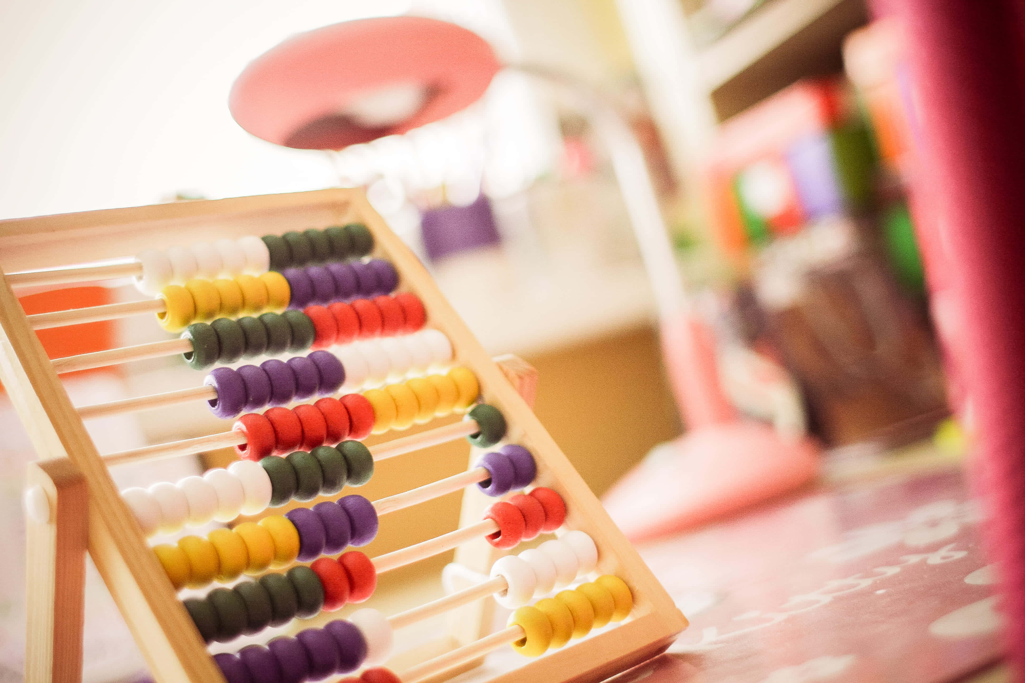 wooden abacus, rainbow beads, desk, 4K Desktop Wallpaper