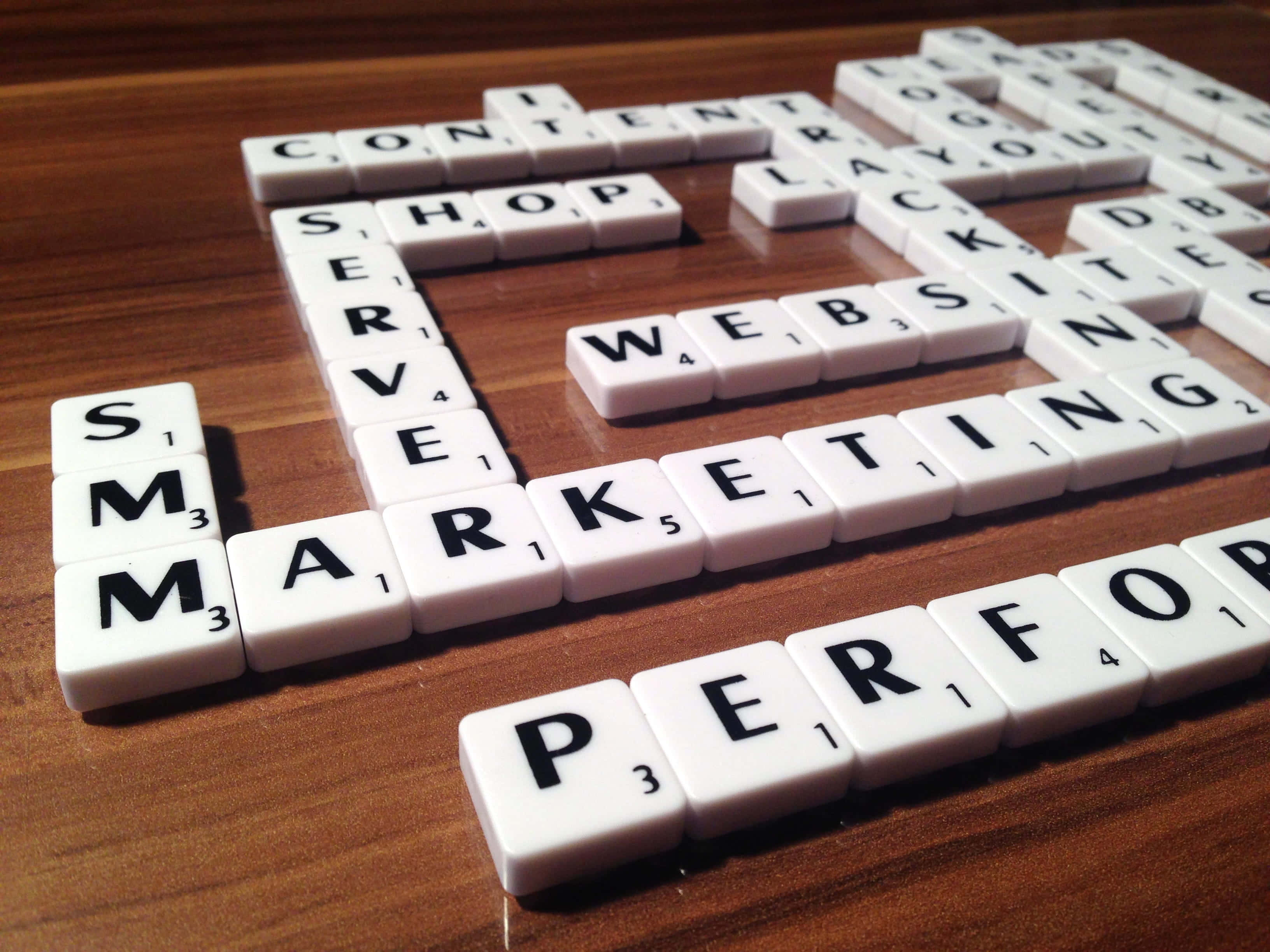 Scrabble tiles, marketing performance content and shop, white, 2K Desktop Wallpaper