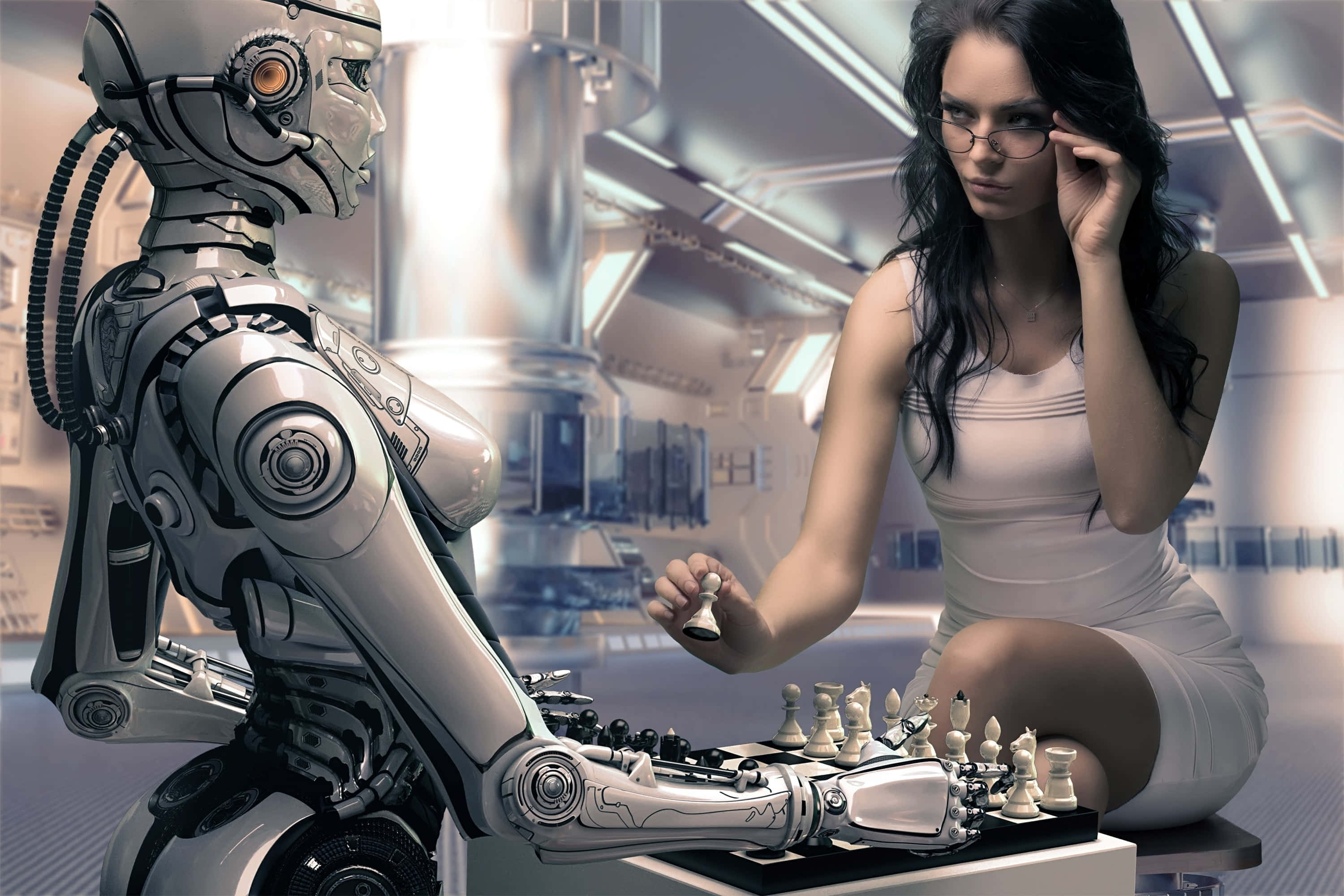 Educational Games, chess, silver humanoid robot, 2K Desktop Wallpaper